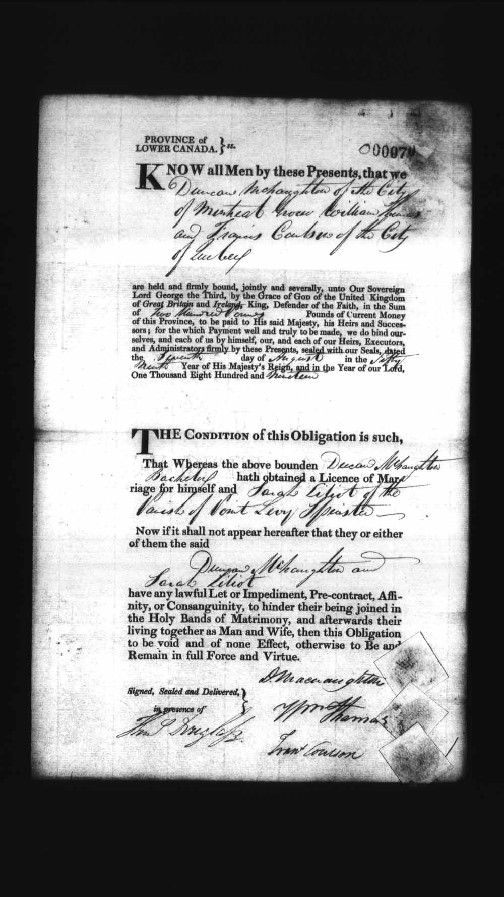 Digitized page of Upper and Lower Canada Marriage Bonds (1779-1865) for Image No.: e008235894
