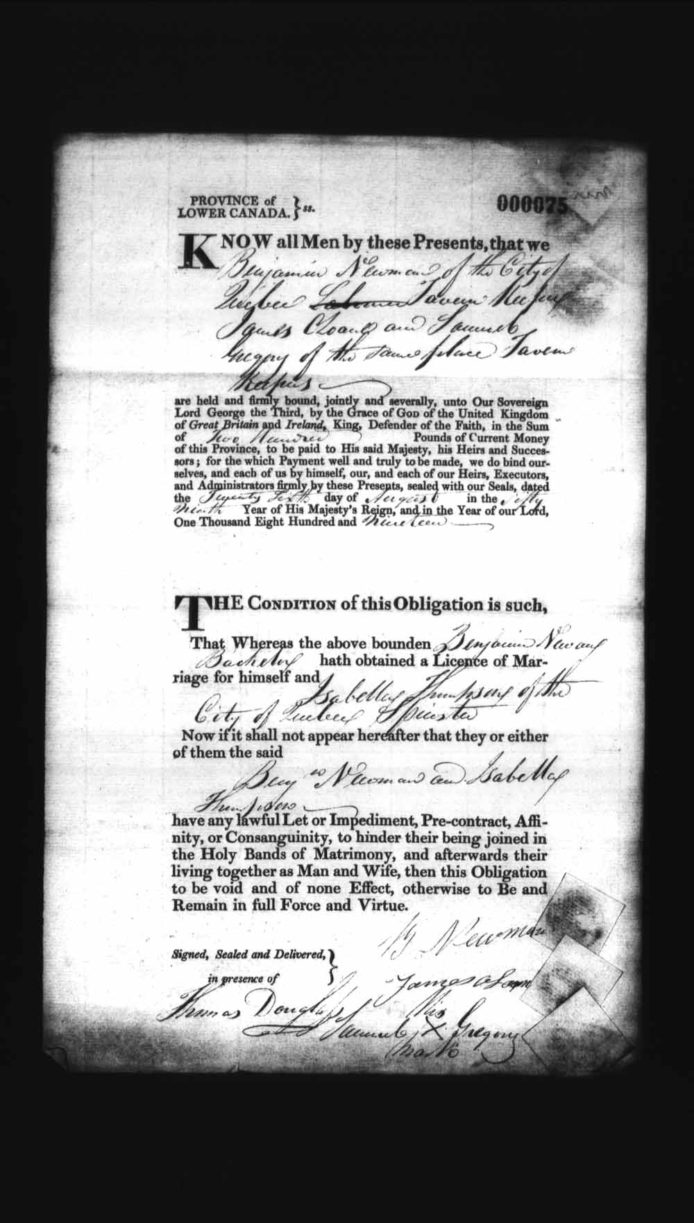 Digitized page of Upper and Lower Canada Marriage Bonds (1779-1865) for Image No.: e008235899