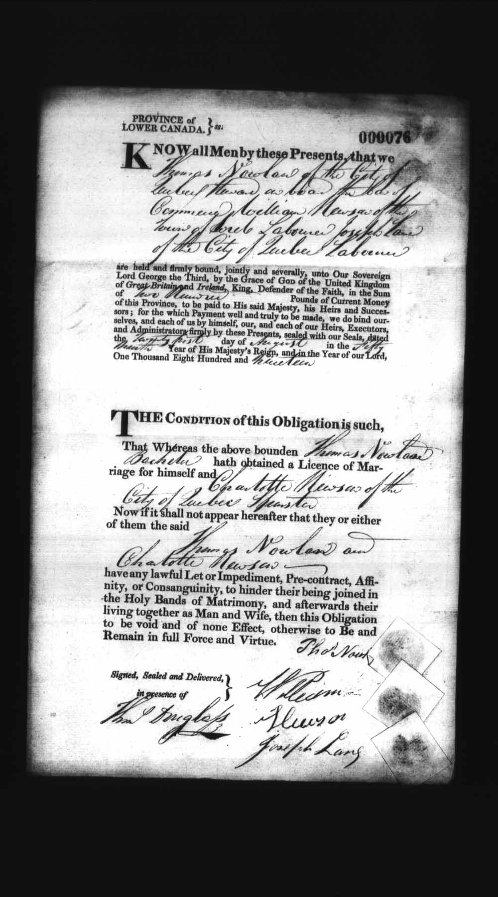 Digitized page of Upper and Lower Canada Marriage Bonds (1779-1865) for Image No.: e008235900