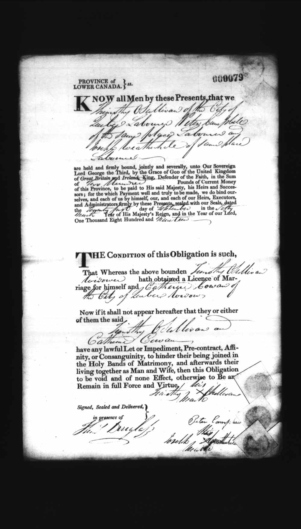 Digitized page of Upper and Lower Canada Marriage Bonds (1779-1865) for Image No.: e008235906
