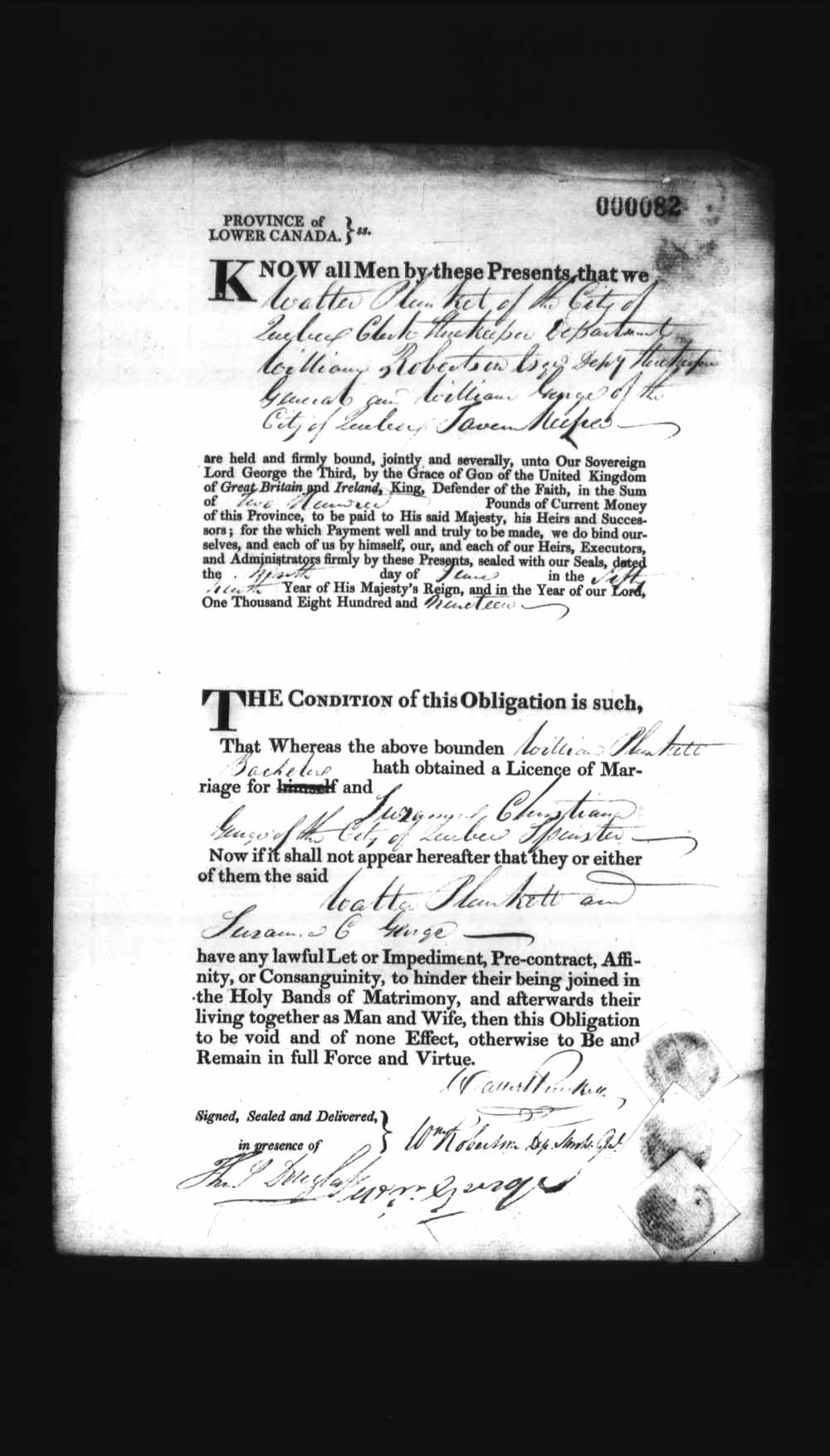 Digitized page of Upper and Lower Canada Marriage Bonds (1779-1865) for Image No.: e008235910