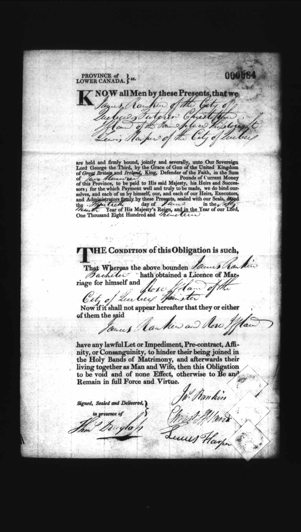 Digitized page of Upper and Lower Canada Marriage Bonds (1779-1865) for Image No.: e008235913
