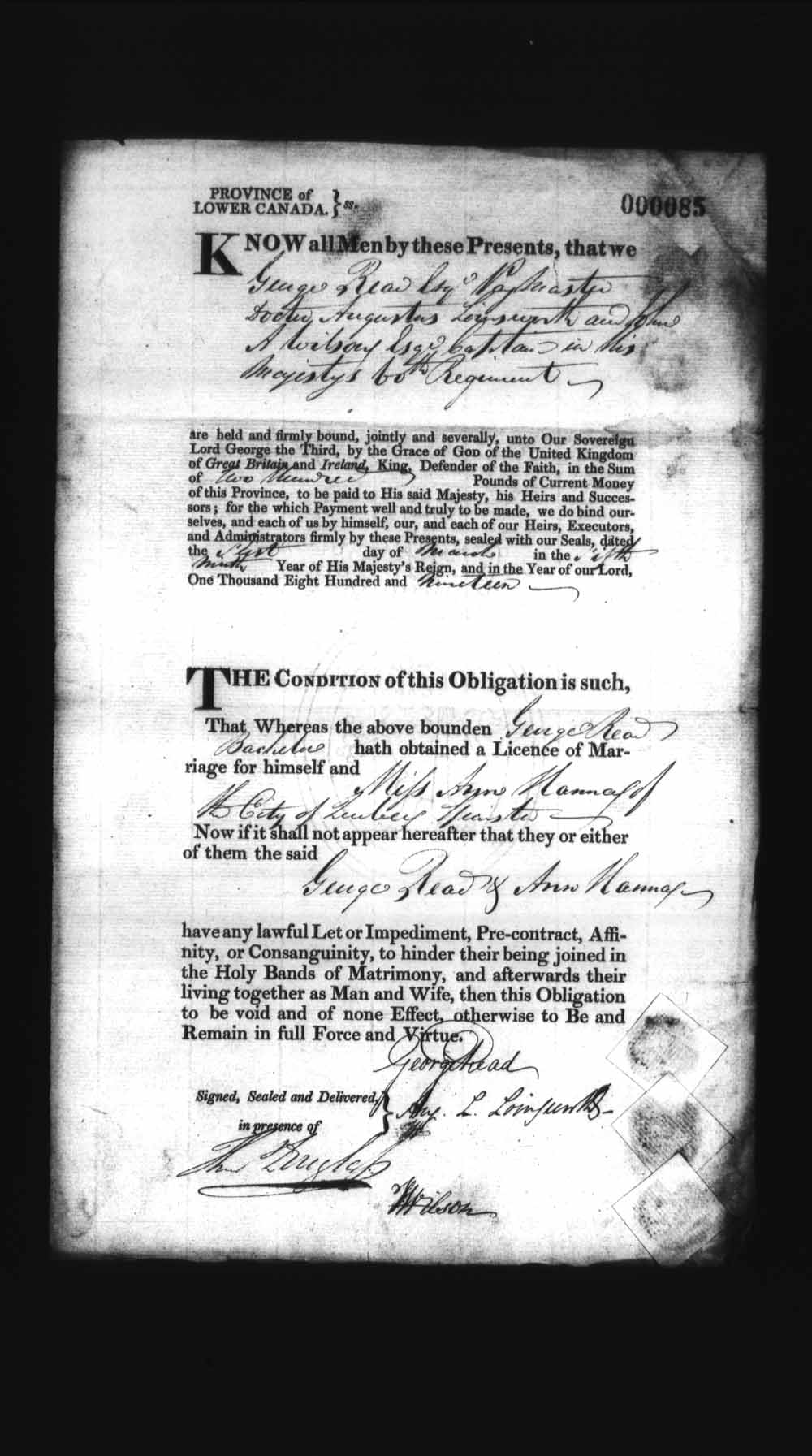 Digitized page of Upper and Lower Canada Marriage Bonds (1779-1865) for Image No.: e008235914