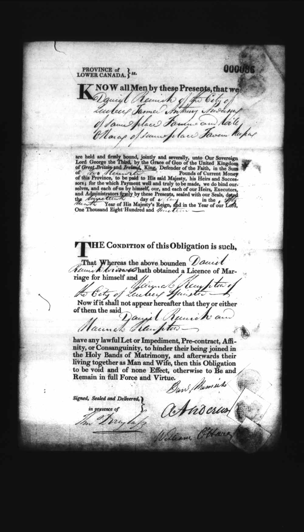 Digitized page of Upper and Lower Canada Marriage Bonds (1779-1865) for Image No.: e008235915