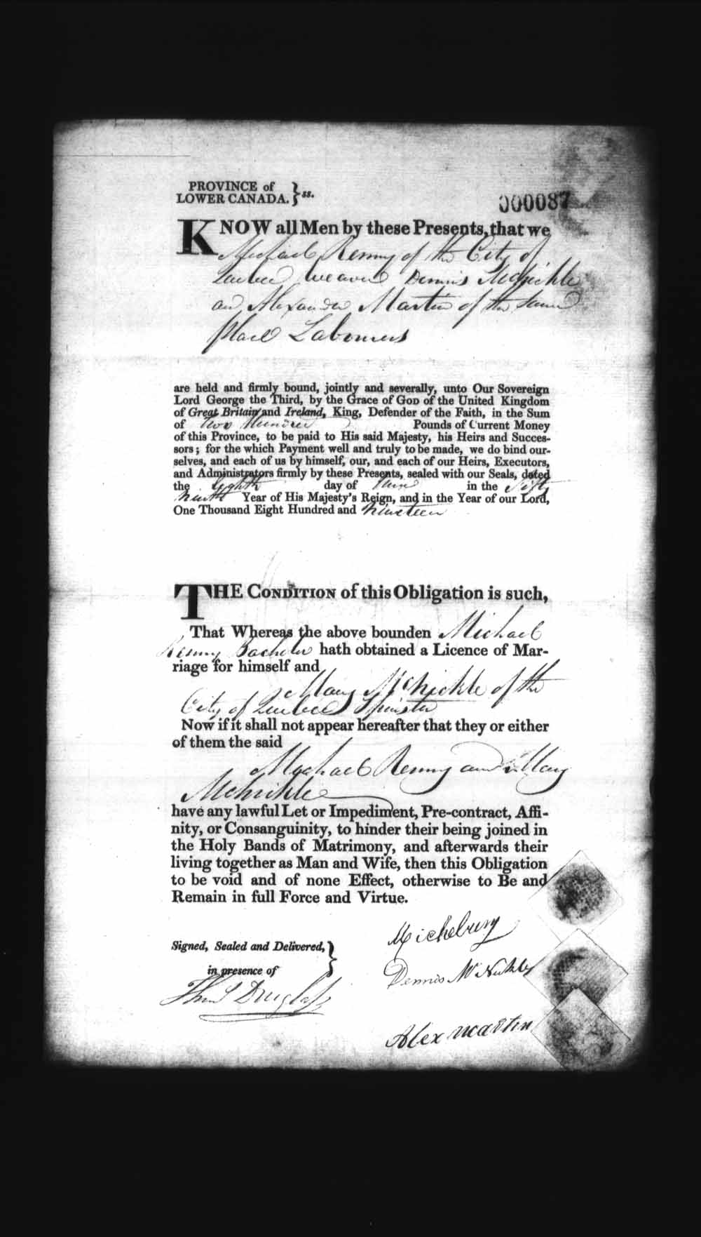 Digitized page of Upper and Lower Canada Marriage Bonds (1779-1865) for Image No.: e008235916