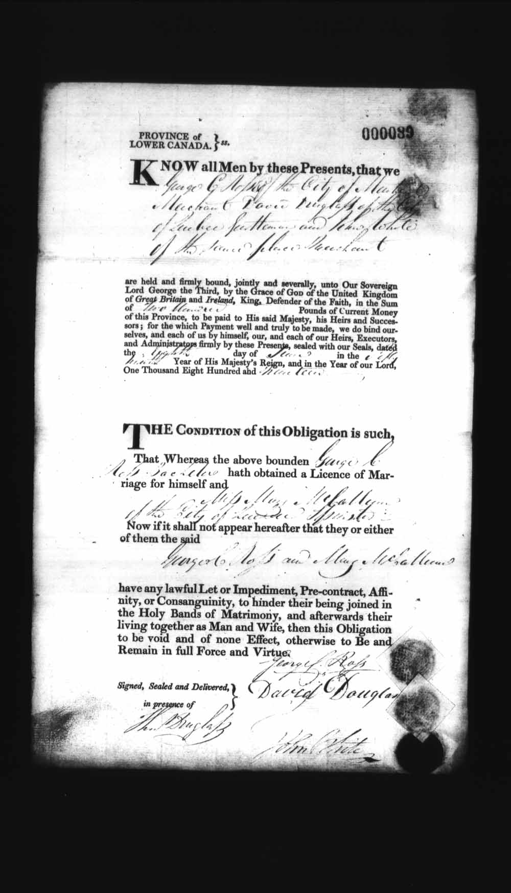 Digitized page of Upper and Lower Canada Marriage Bonds (1779-1865) for Image No.: e008235918