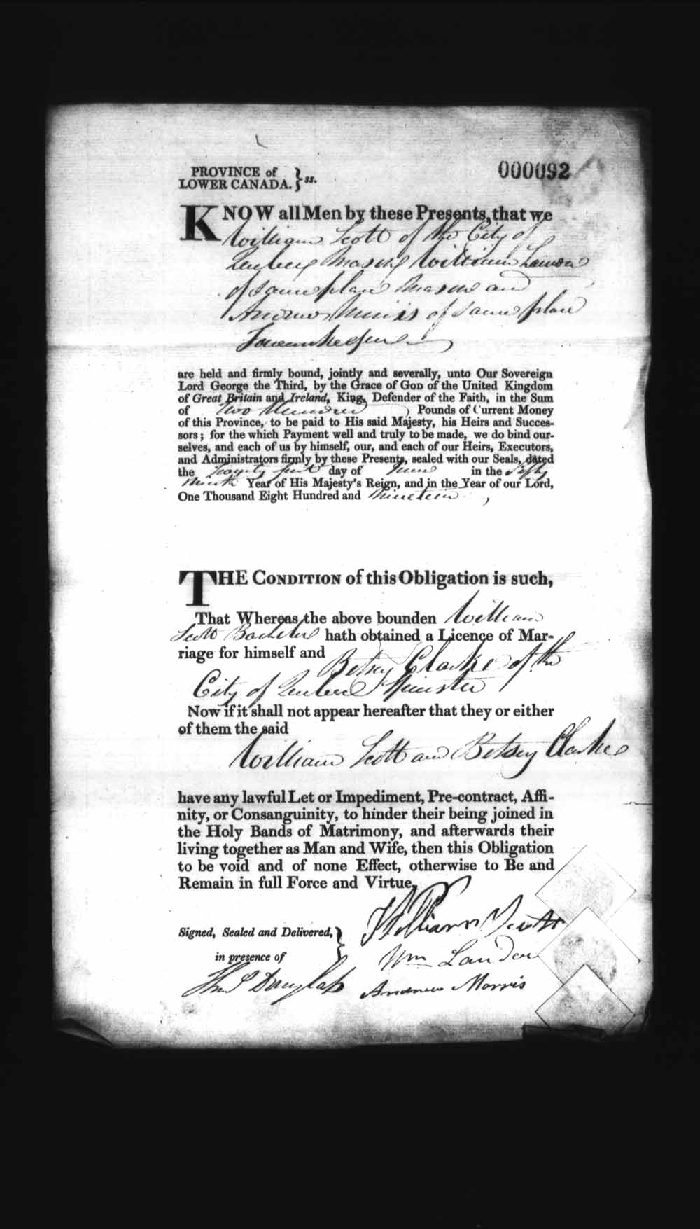 Digitized page of Upper and Lower Canada Marriage Bonds (1779-1865) for Image No.: e008235921