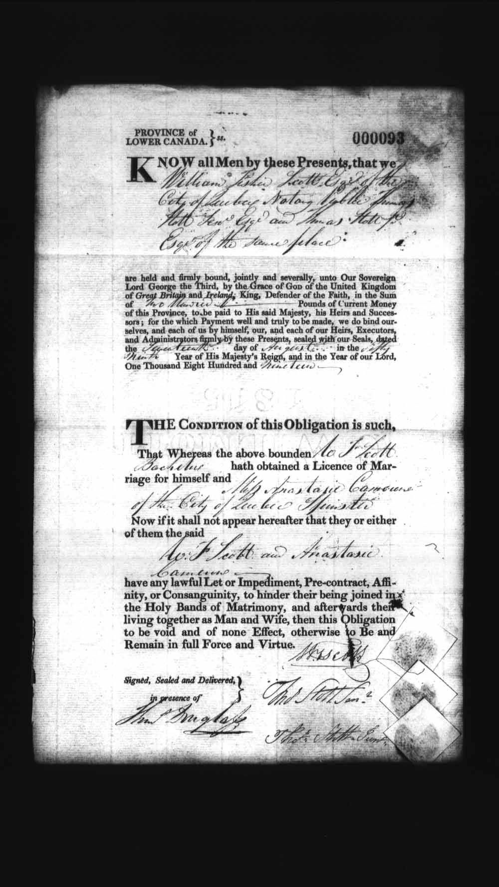 Digitized page of Upper and Lower Canada Marriage Bonds (1779-1865) for Image No.: e008235922