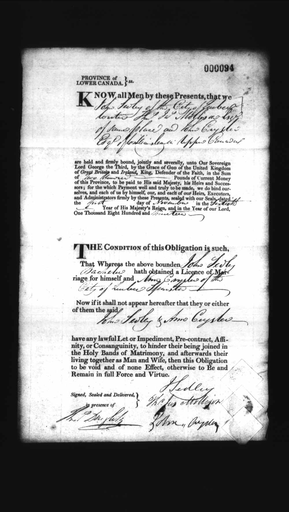 Digitized page of Upper and Lower Canada Marriage Bonds (1779-1865) for Image No.: e008235923