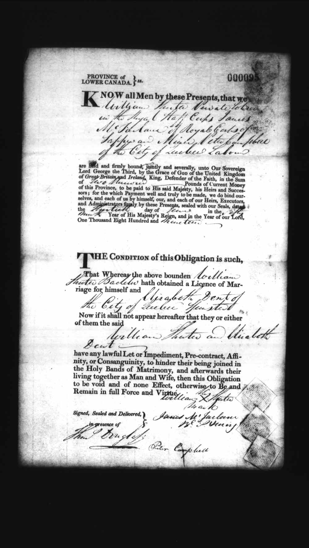 Digitized page of Upper and Lower Canada Marriage Bonds (1779-1865) for Image No.: e008235924