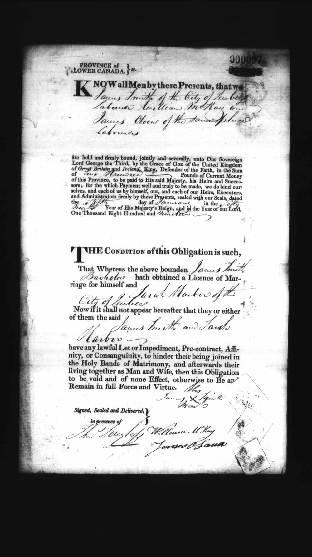 Digitized page of Upper and Lower Canada Marriage Bonds (1779-1865) for Image No.: e008235926