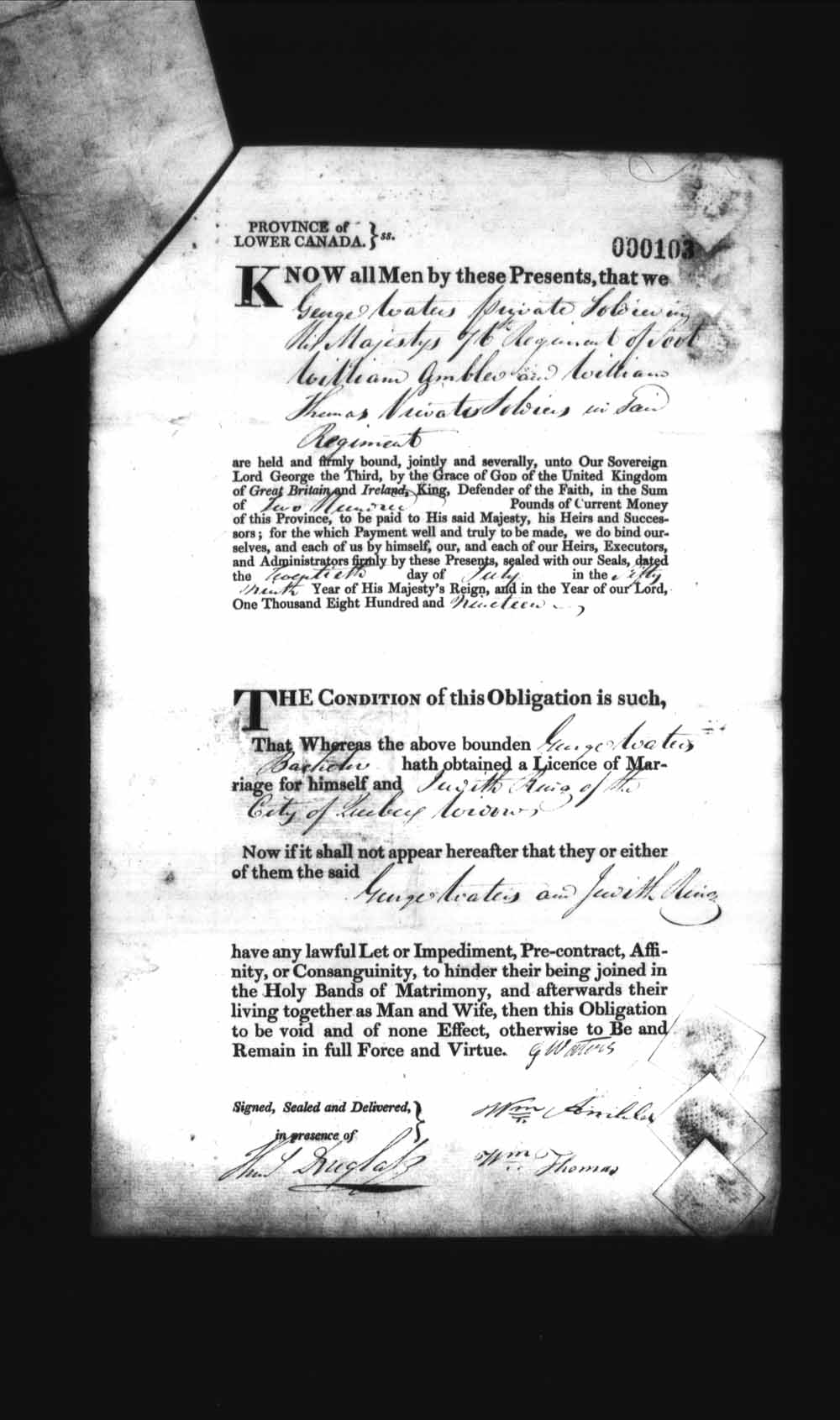 Digitized page of Upper and Lower Canada Marriage Bonds (1779-1865) for Image No.: e008235933