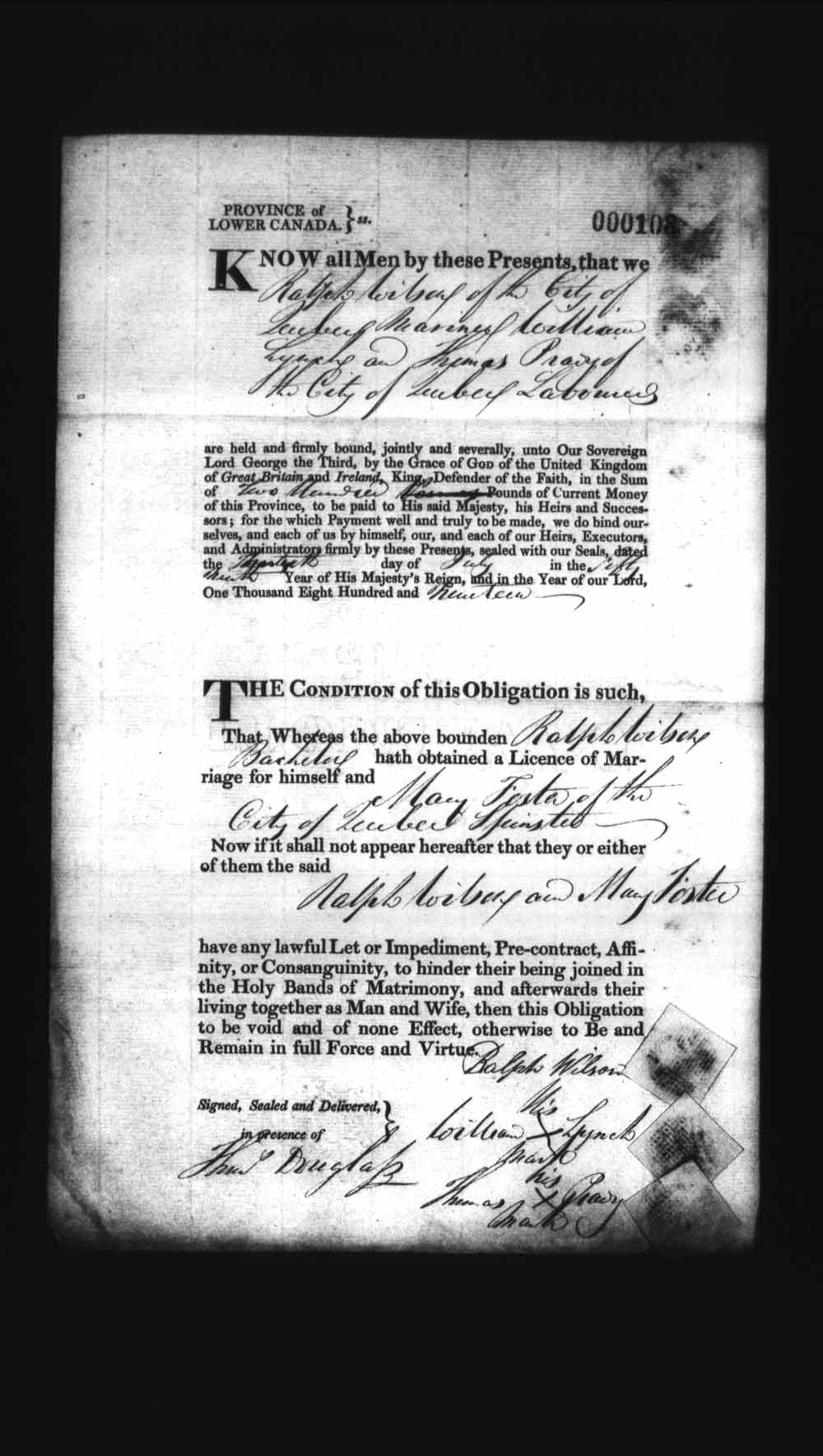 Digitized page of Upper and Lower Canada Marriage Bonds (1779-1865) for Image No.: e008235938