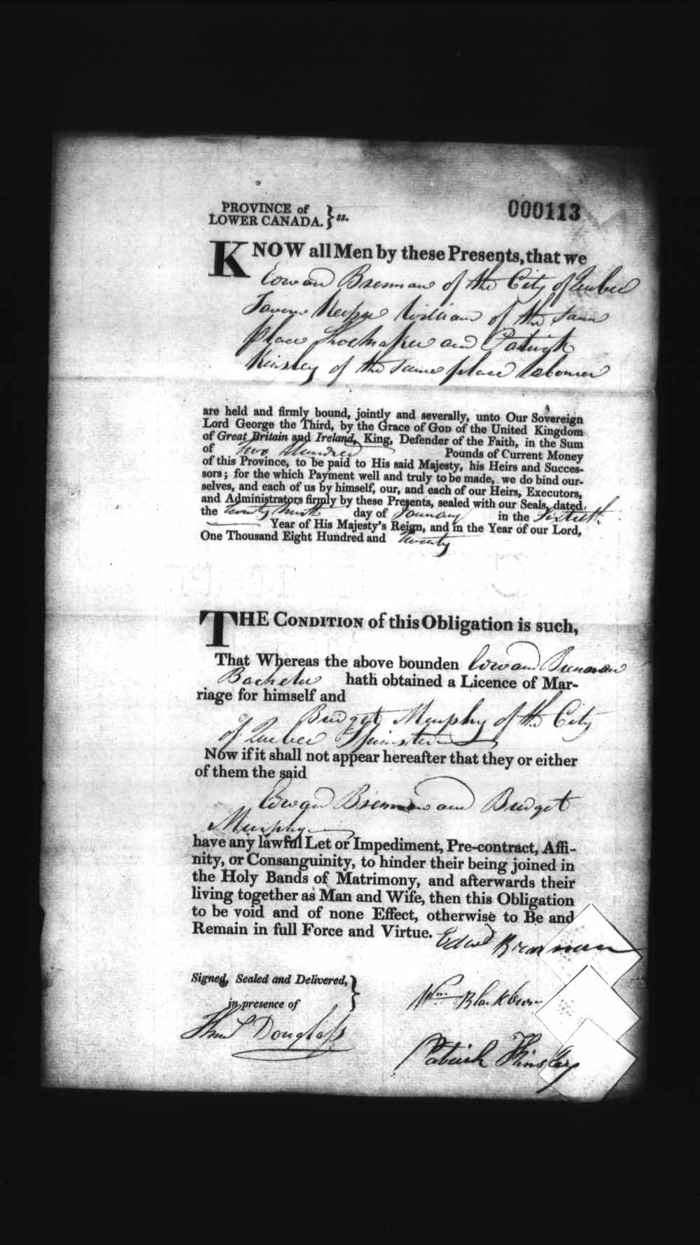 Digitized page of Upper and Lower Canada Marriage Bonds (1779-1865) for Image No.: e008235943