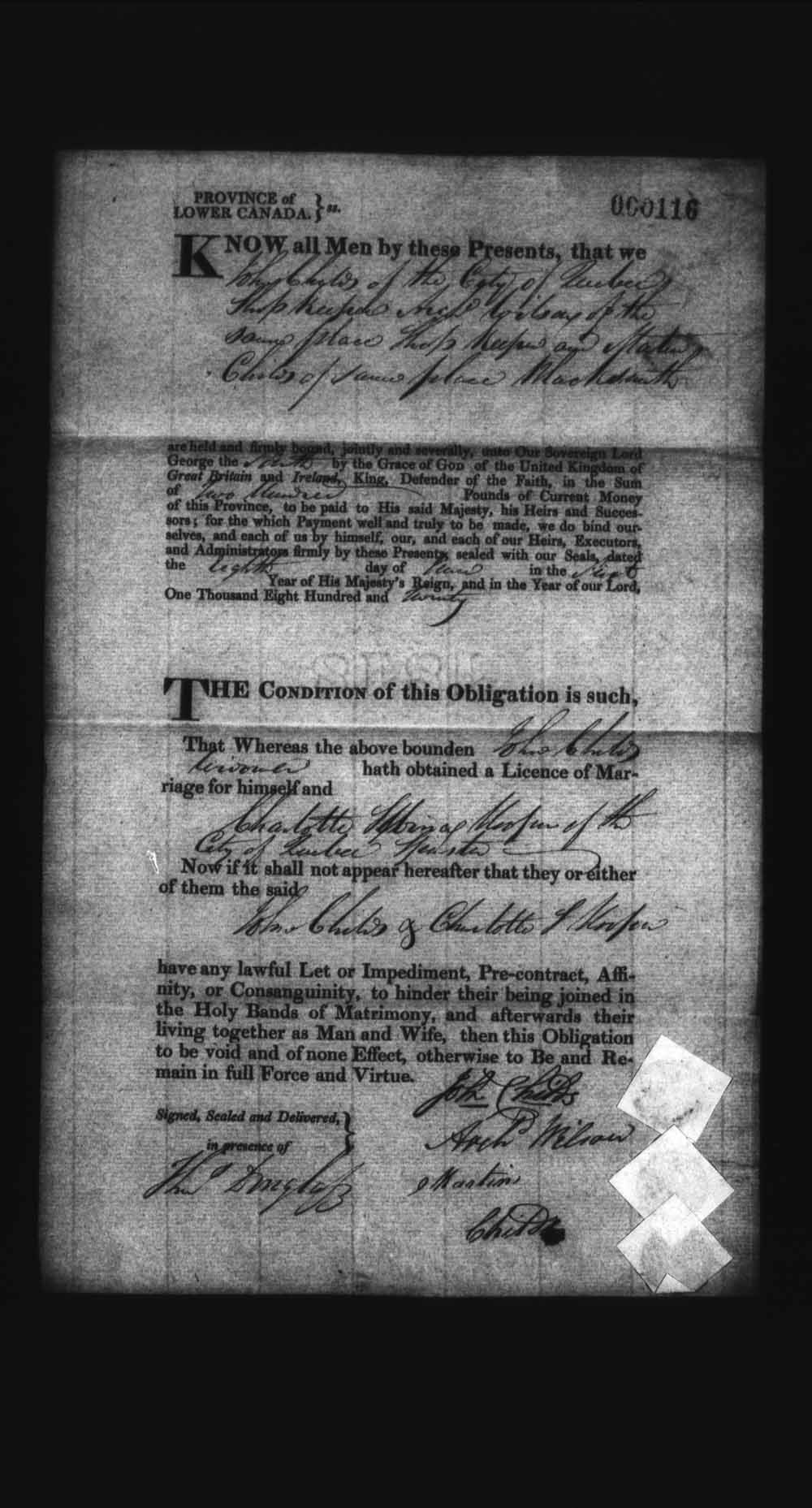 Digitized page of Upper and Lower Canada Marriage Bonds (1779-1865) for Image No.: e008235946