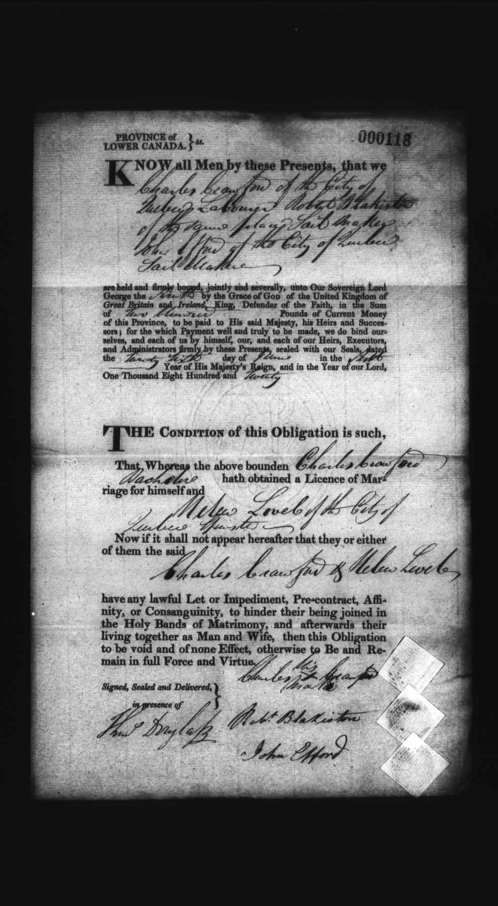 Digitized page of Upper and Lower Canada Marriage Bonds (1779-1865) for Image No.: e008235949