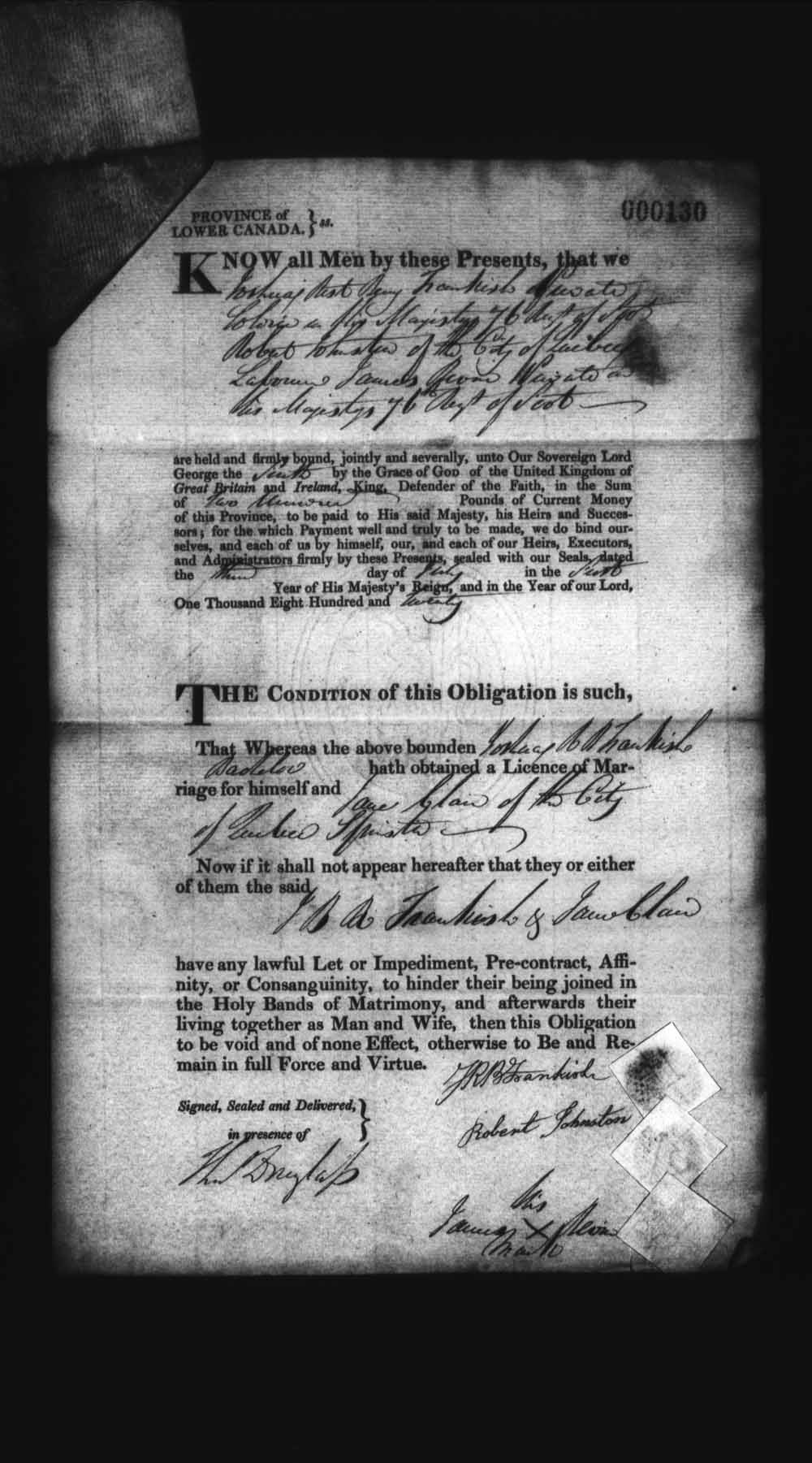 Digitized page of Upper and Lower Canada Marriage Bonds (1779-1865) for Image No.: e008235964