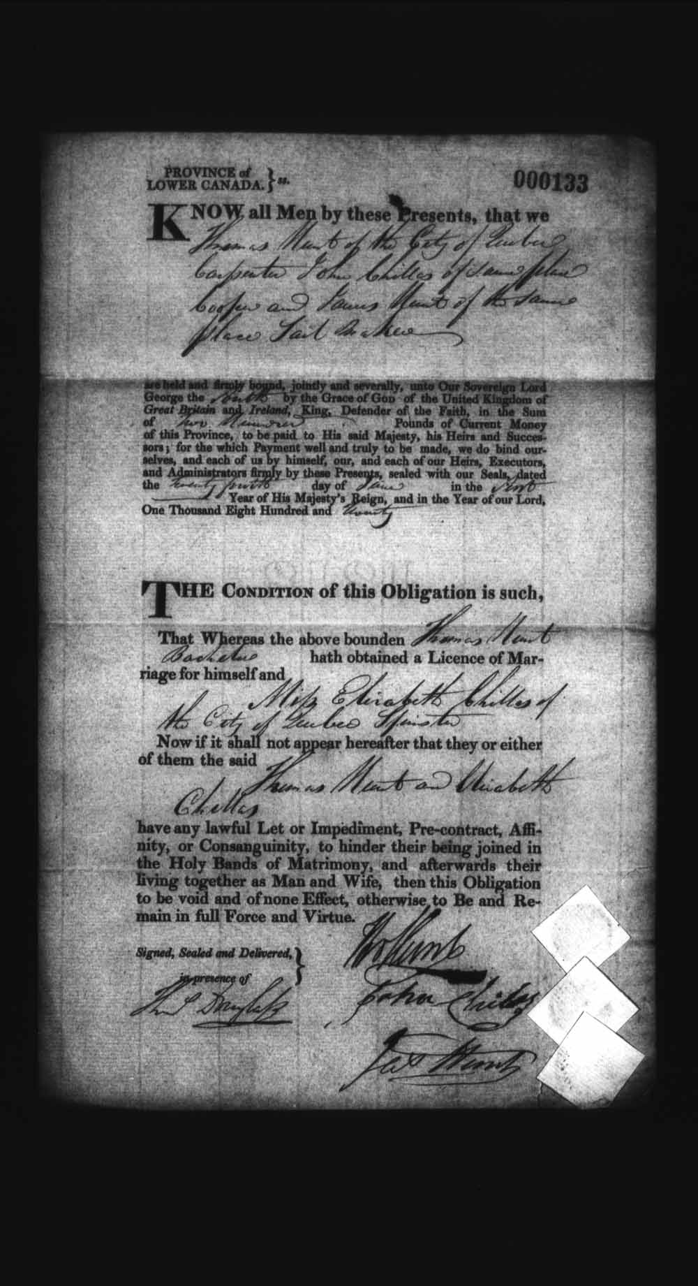 Page numérisé de Cautionnements de mariages pour le Haut-Canada et le Bas-Canada (1779-1865) pour l'image numéro: e008235967
