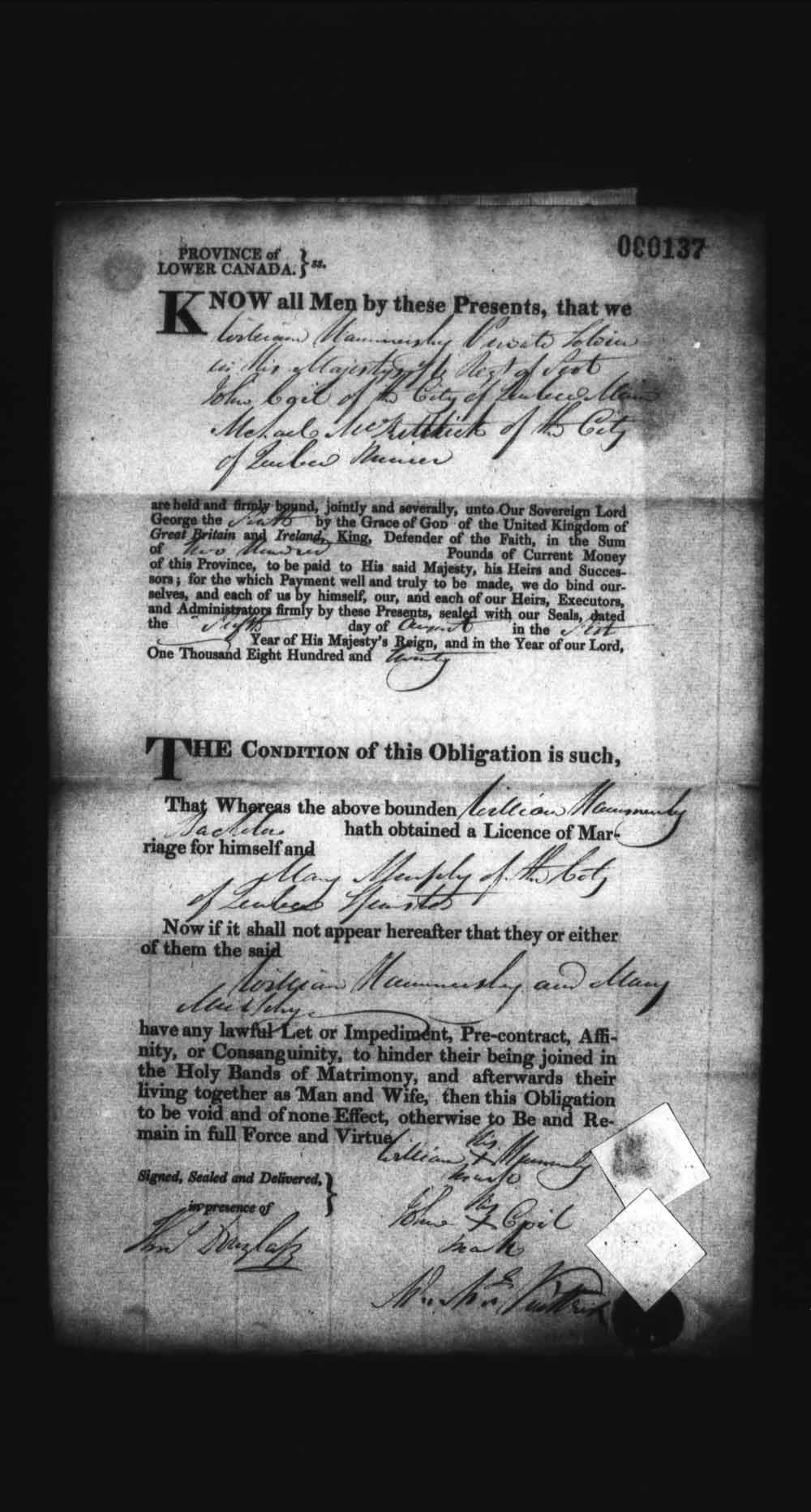 Digitized page of Upper and Lower Canada Marriage Bonds (1779-1865) for Image No.: e008235972