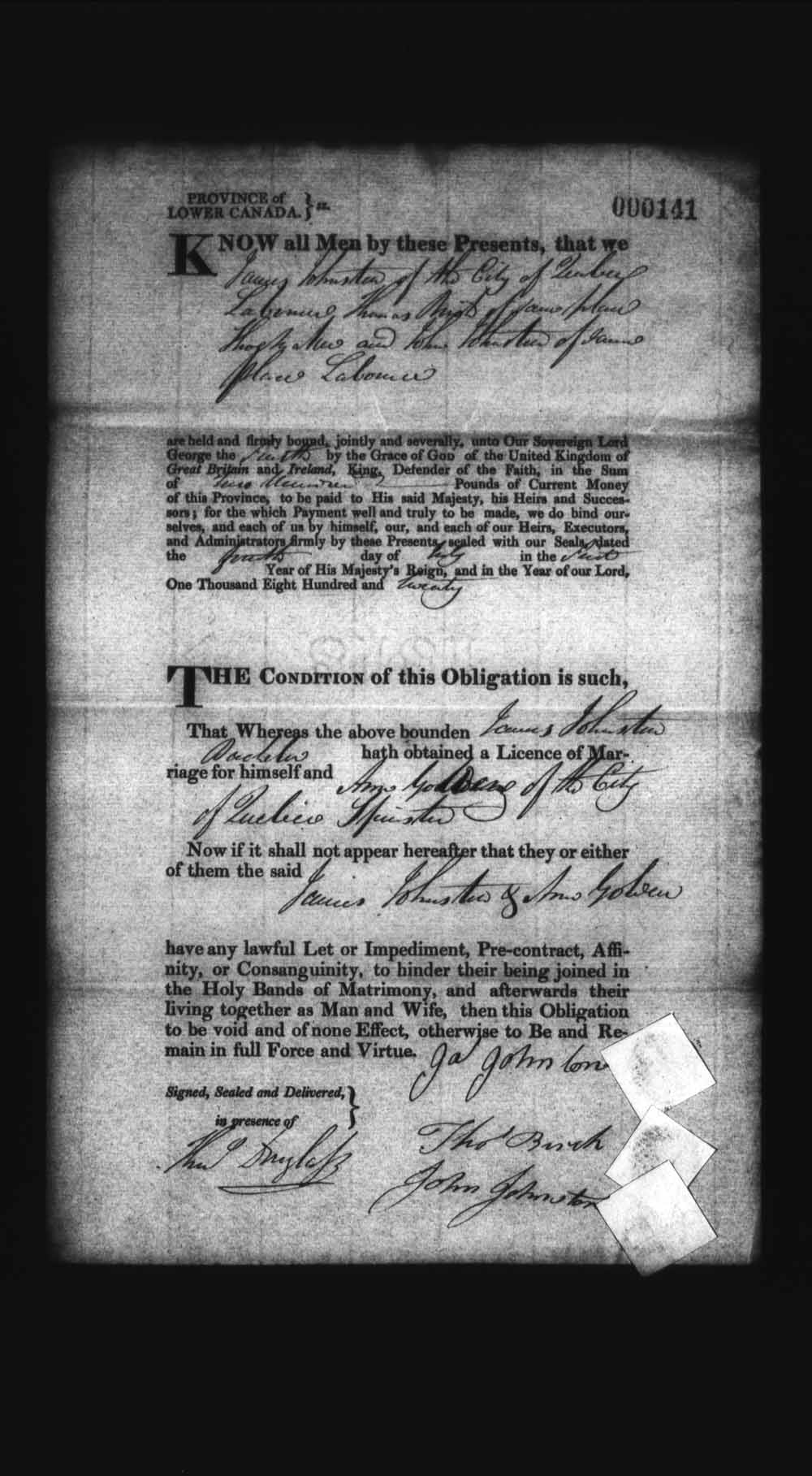 Page numérisé de Cautionnements de mariages pour le Haut-Canada et le Bas-Canada (1779-1865) pour l'image numéro: e008235979