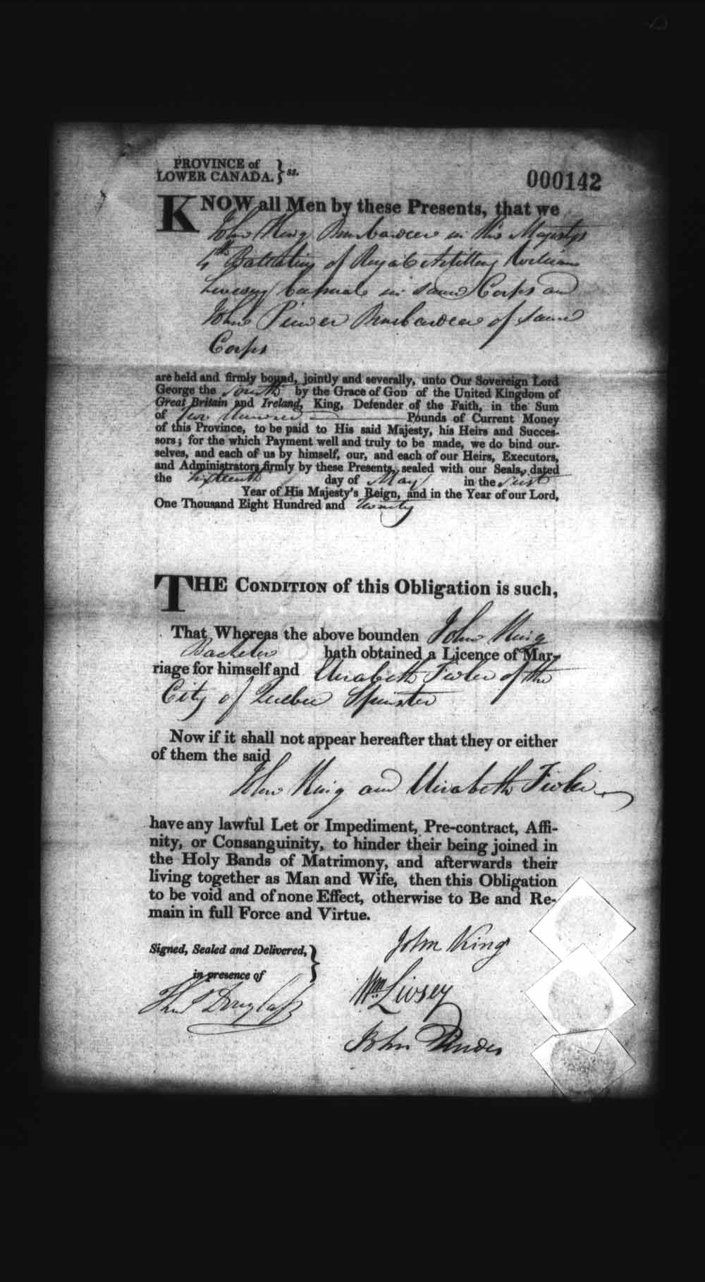Page numérisé de Cautionnements de mariages pour le Haut-Canada et le Bas-Canada (1779-1865) pour l'image numéro: e008235980