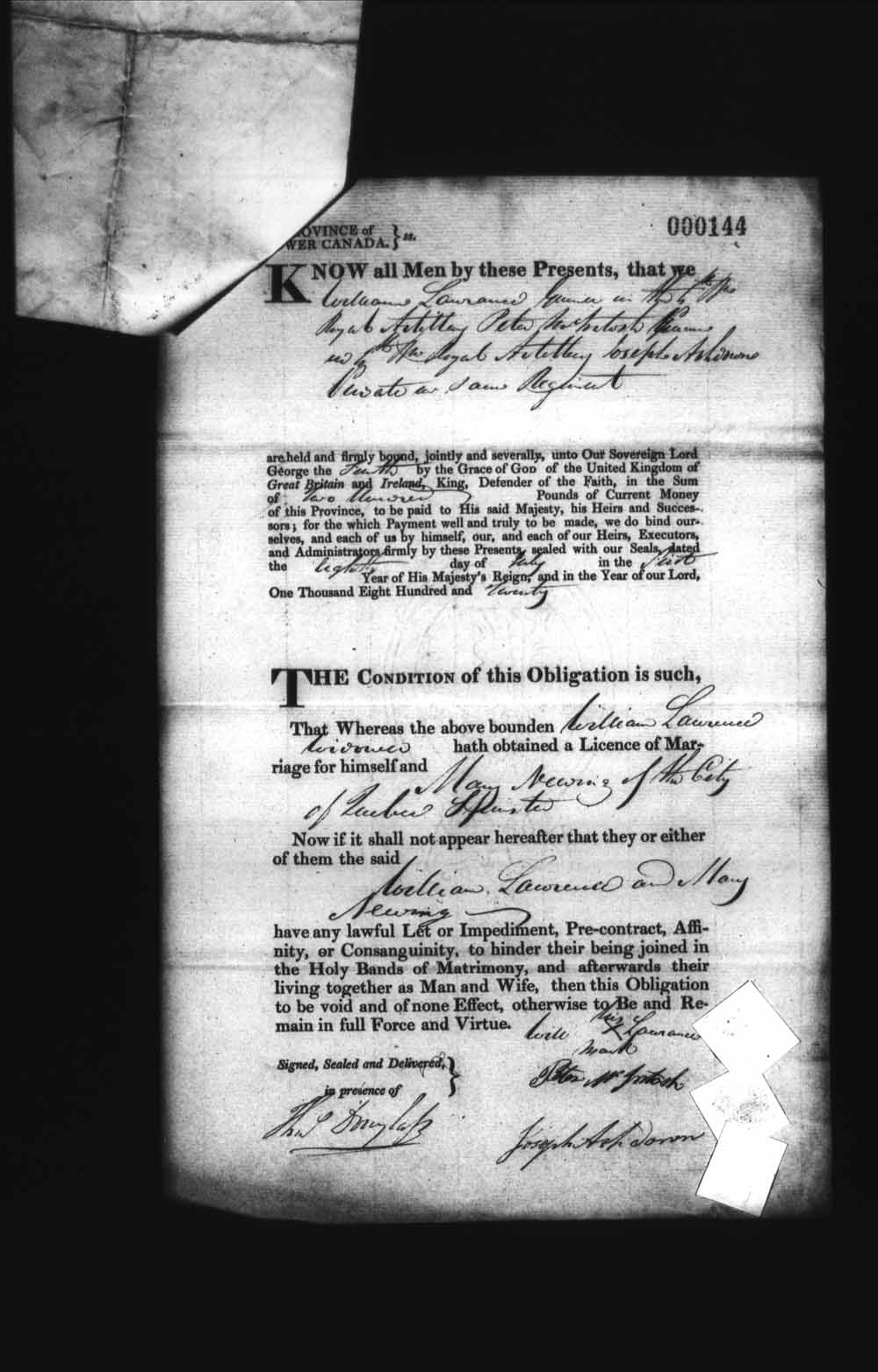 Digitized page of Upper and Lower Canada Marriage Bonds (1779-1865) for Image No.: e008235985
