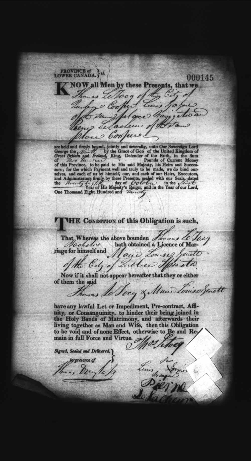 Digitized page of Upper and Lower Canada Marriage Bonds (1779-1865) for Image No.: e008235986