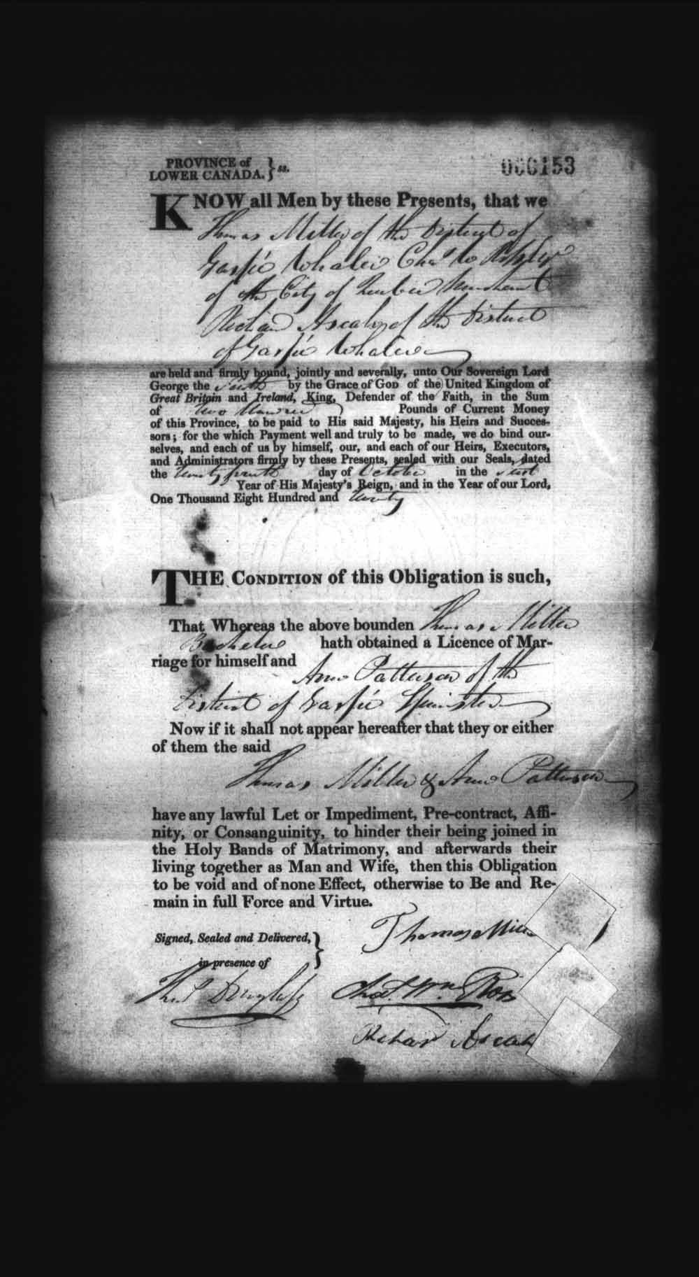 Digitized page of Upper and Lower Canada Marriage Bonds (1779-1865) for Image No.: e008235996