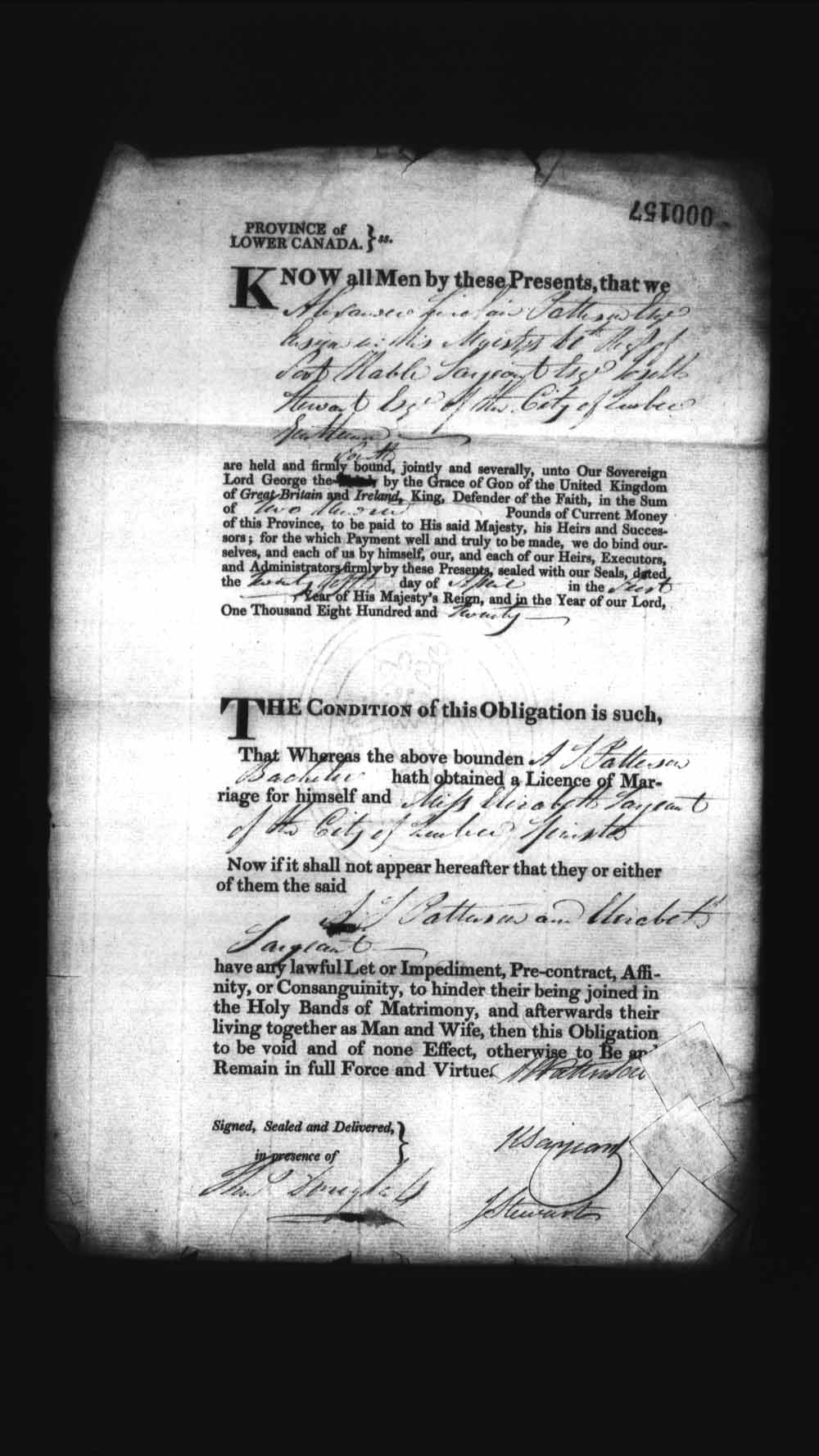 Digitized page of Upper and Lower Canada Marriage Bonds (1779-1865) for Image No.: e008236000