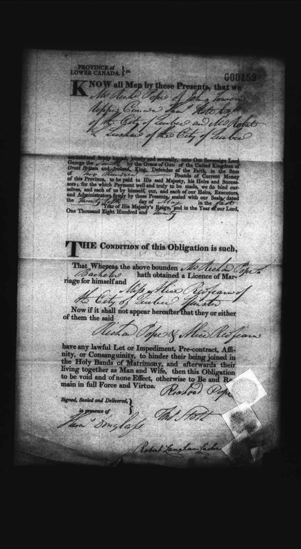 Digitized page of Upper and Lower Canada Marriage Bonds (1779-1865) for Image No.: e008236002