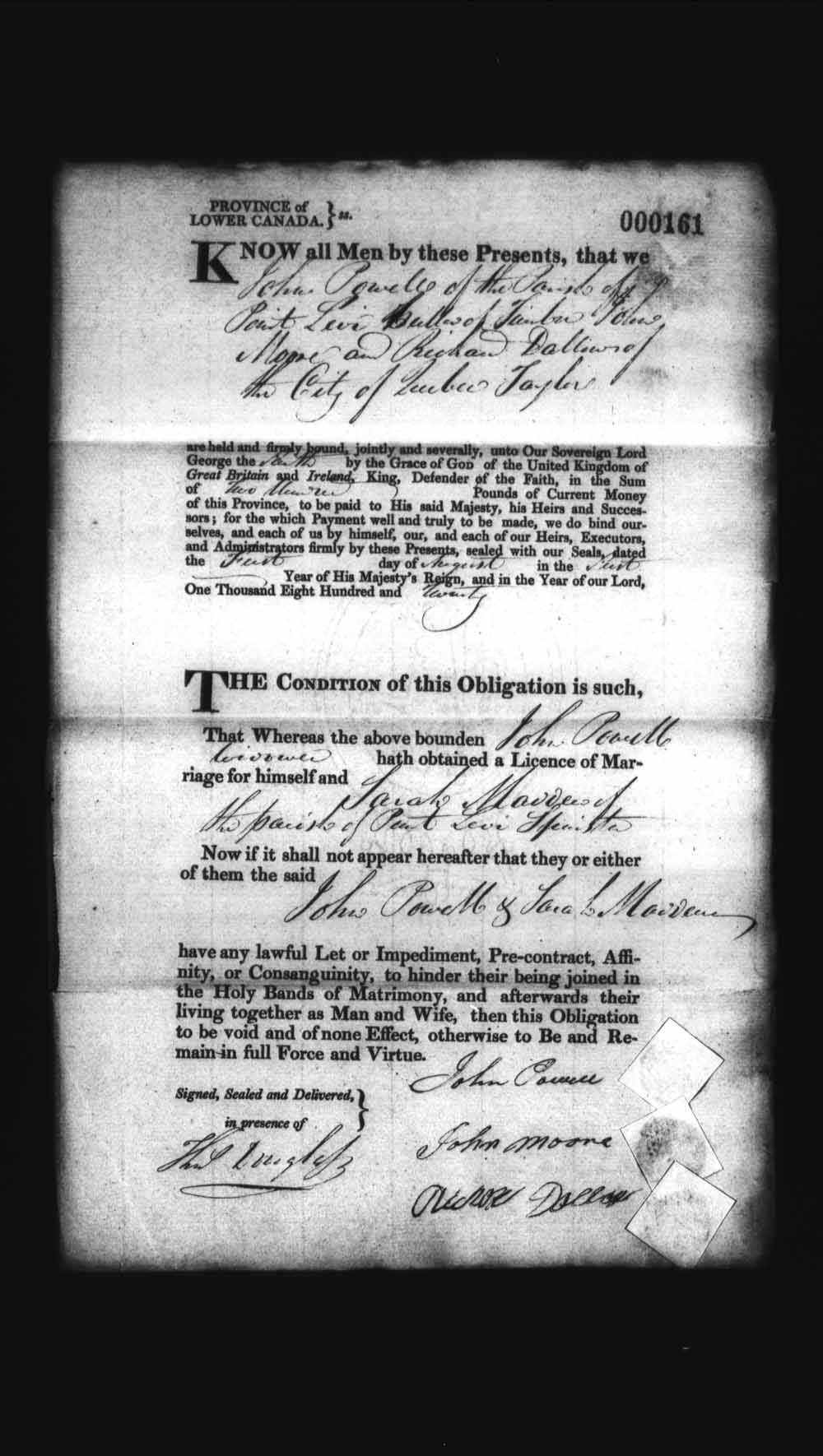 Digitized page of Upper and Lower Canada Marriage Bonds (1779-1865) for Image No.: e008236004