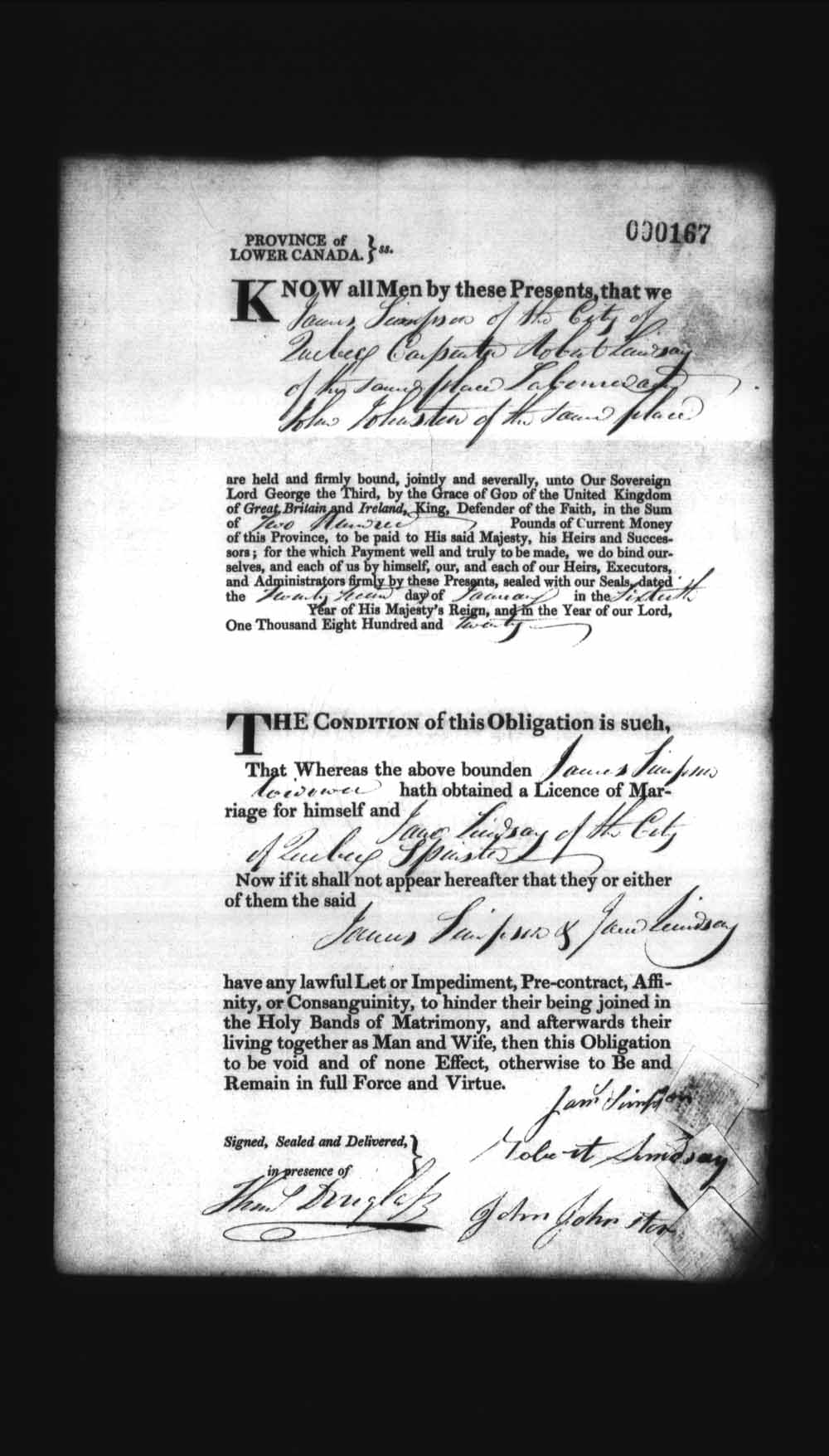 Digitized page of Upper and Lower Canada Marriage Bonds (1779-1865) for Image No.: e008236011