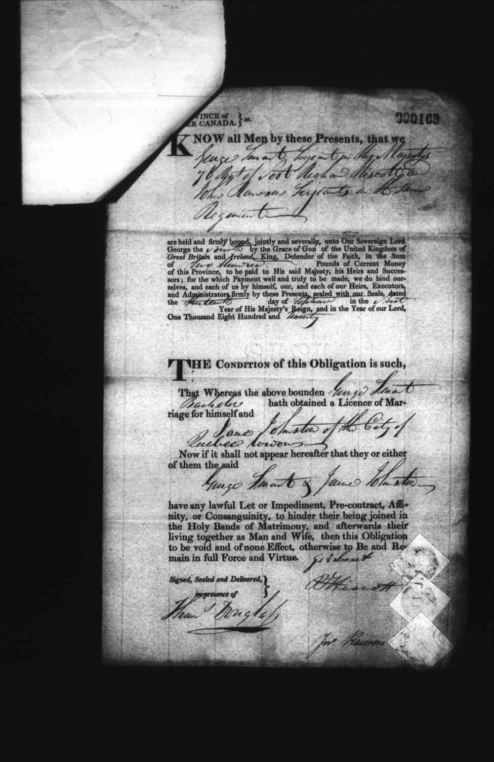 Digitized page of Upper and Lower Canada Marriage Bonds (1779-1865) for Image No.: e008236014