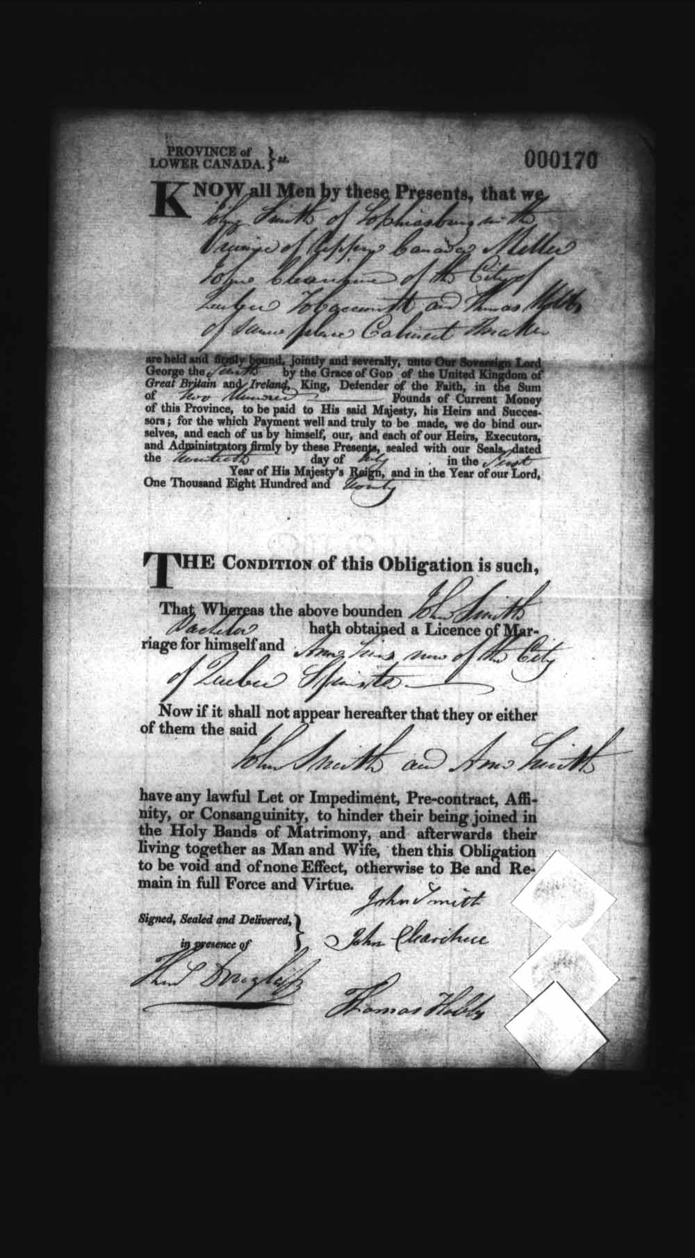 Digitized page of Upper and Lower Canada Marriage Bonds (1779-1865) for Image No.: e008236015