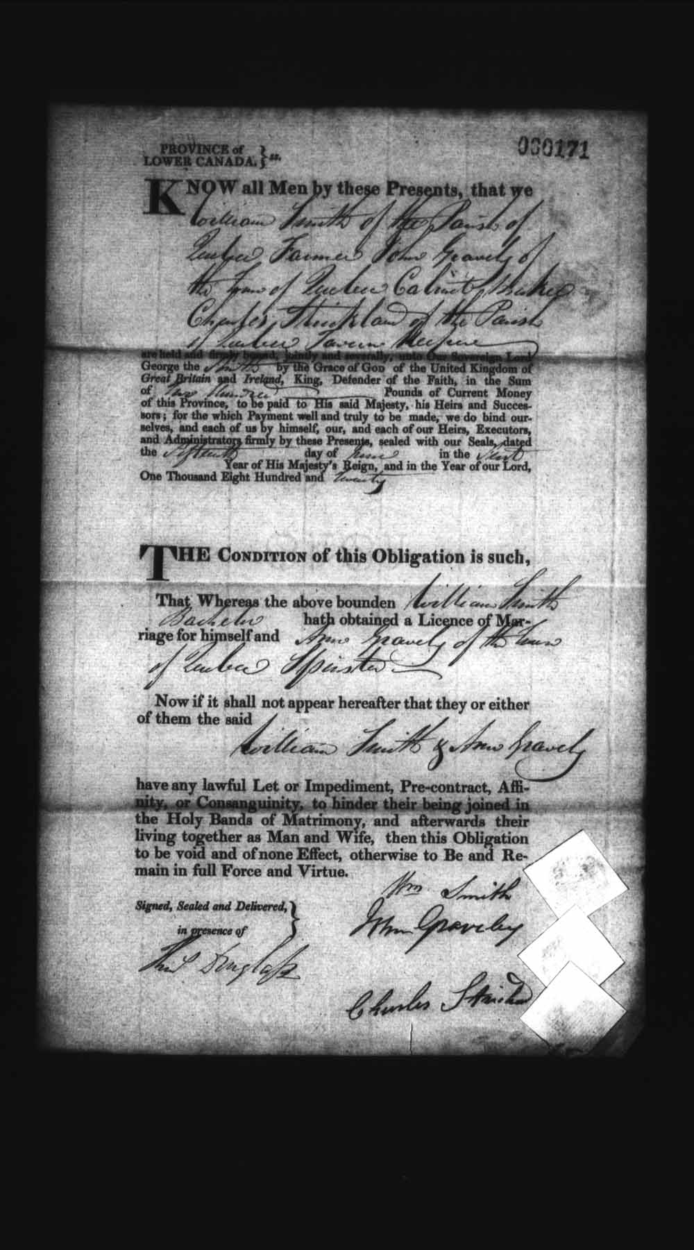Digitized page of Upper and Lower Canada Marriage Bonds (1779-1865) for Image No.: e008236016