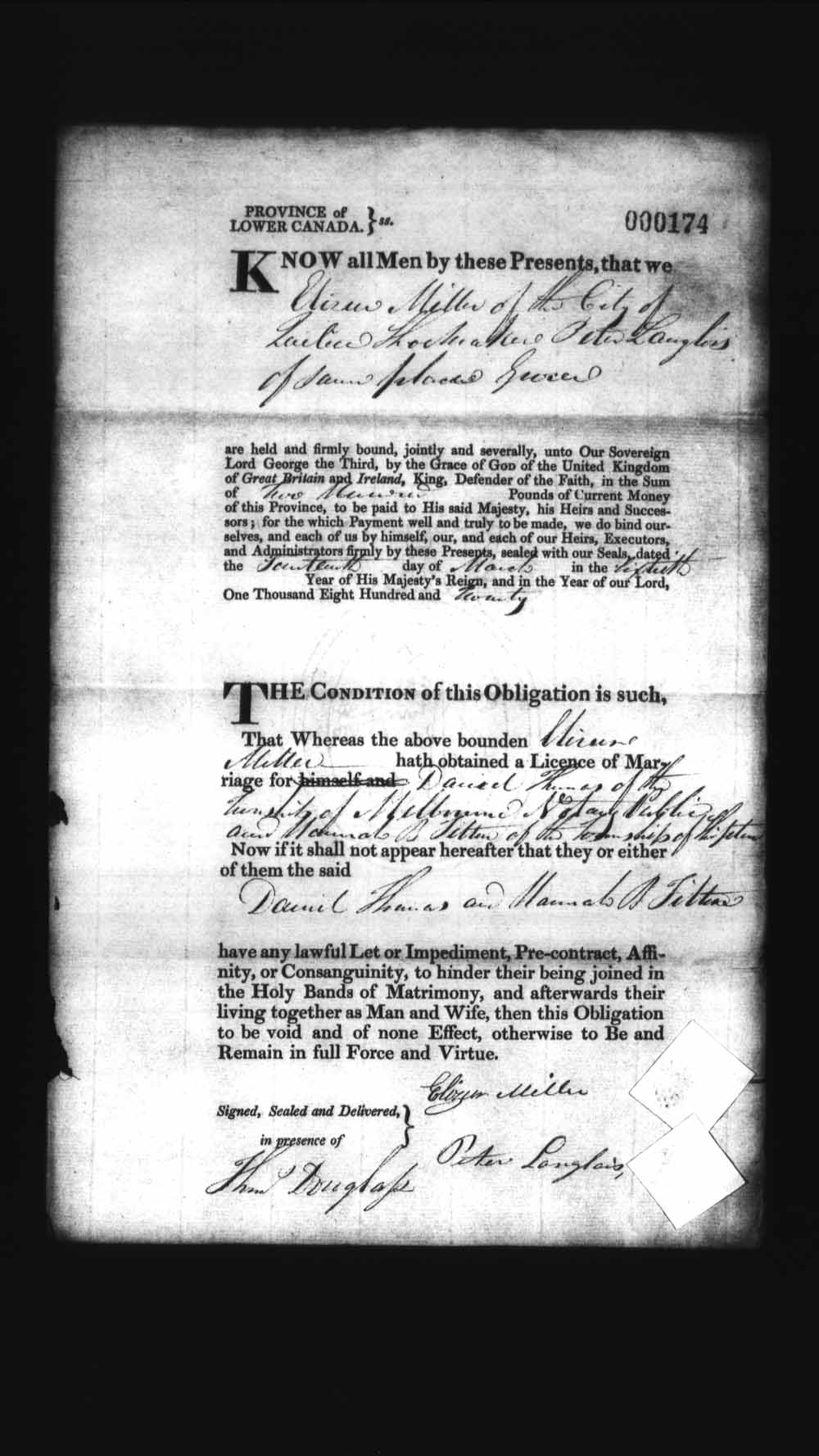 Page numérisé de Cautionnements de mariages pour le Haut-Canada et le Bas-Canada (1779-1865) pour l'image numéro: e008236020