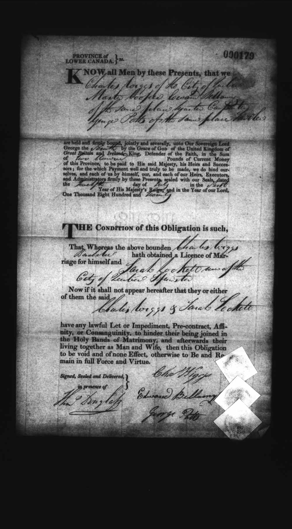 Digitized page of Upper and Lower Canada Marriage Bonds (1779-1865) for Image No.: e008236027