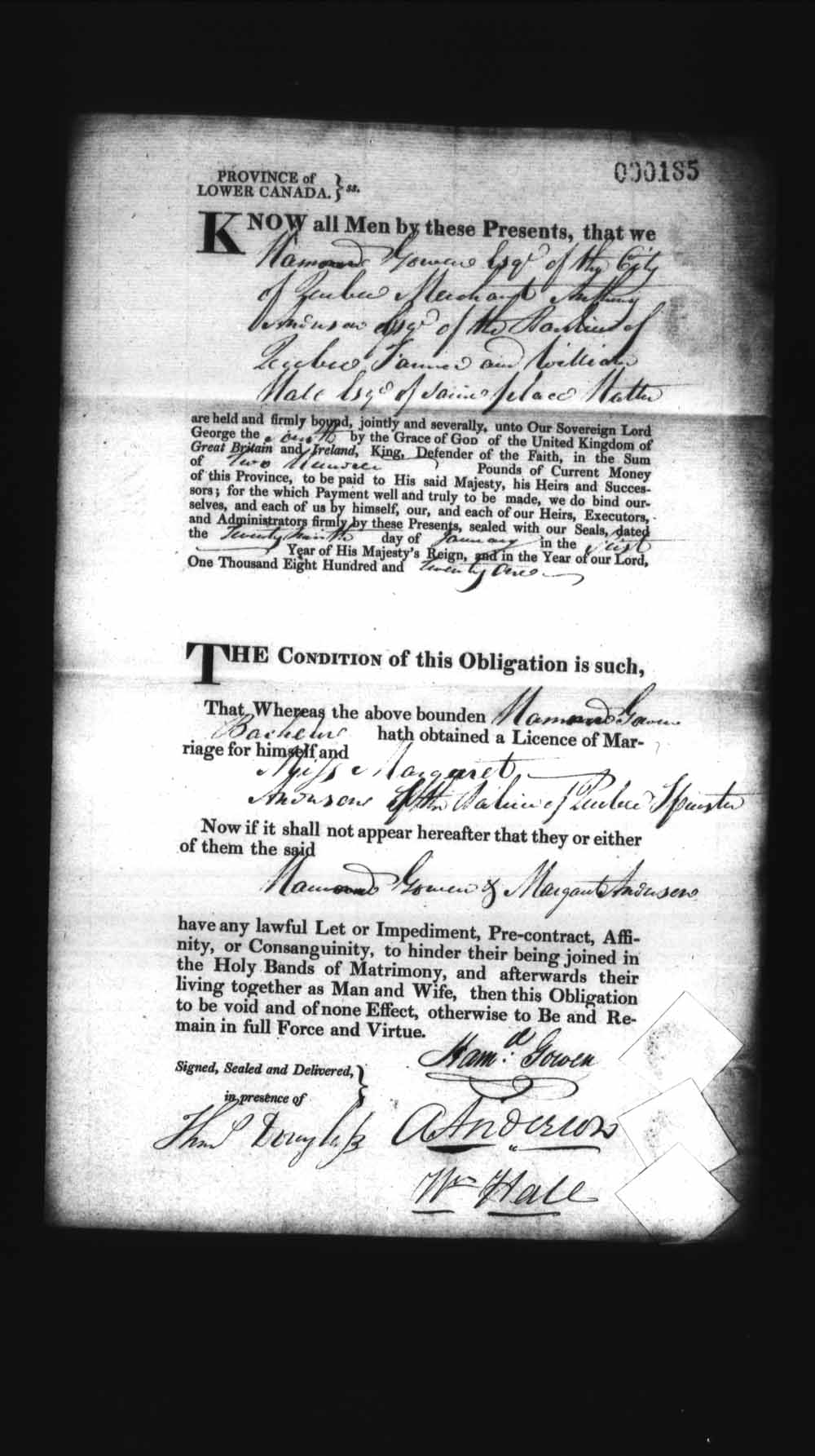 Digitized page of Upper and Lower Canada Marriage Bonds (1779-1865) for Image No.: e008236037