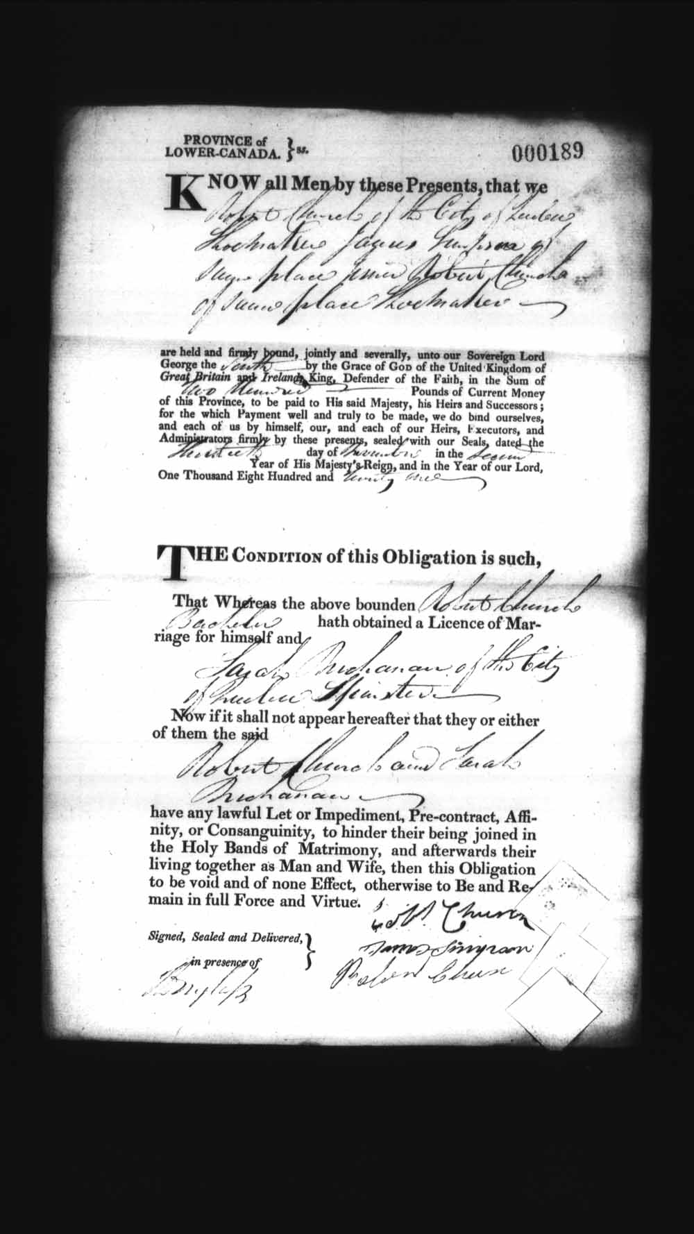 Digitized page of Upper and Lower Canada Marriage Bonds (1779-1865) for Image No.: e008236042