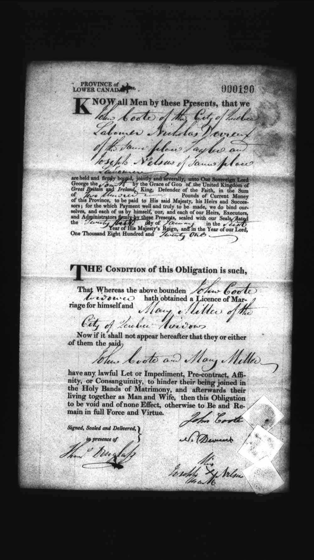 Digitized page of Upper and Lower Canada Marriage Bonds (1779-1865) for Image No.: e008236043