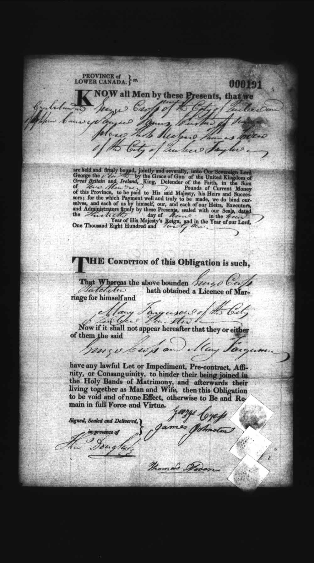 Digitized page of Upper and Lower Canada Marriage Bonds (1779-1865) for Image No.: e008236044