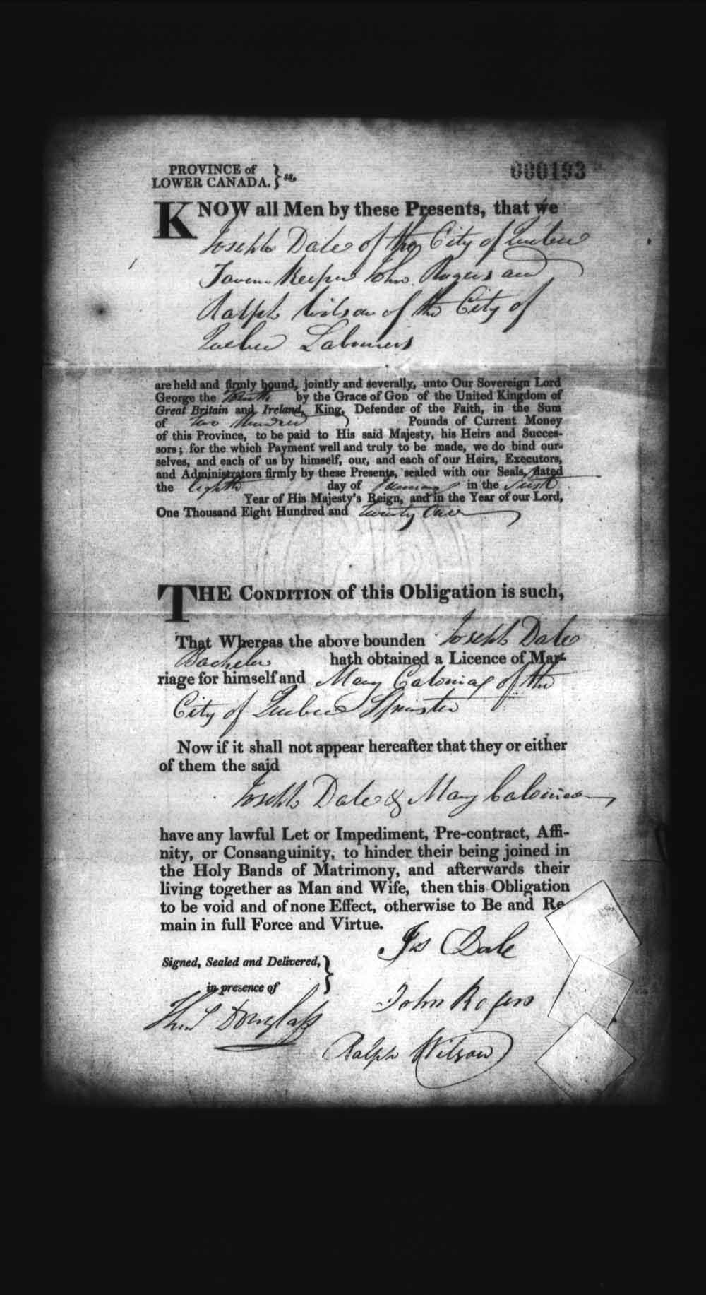 Digitized page of Upper and Lower Canada Marriage Bonds (1779-1865) for Image No.: e008236047