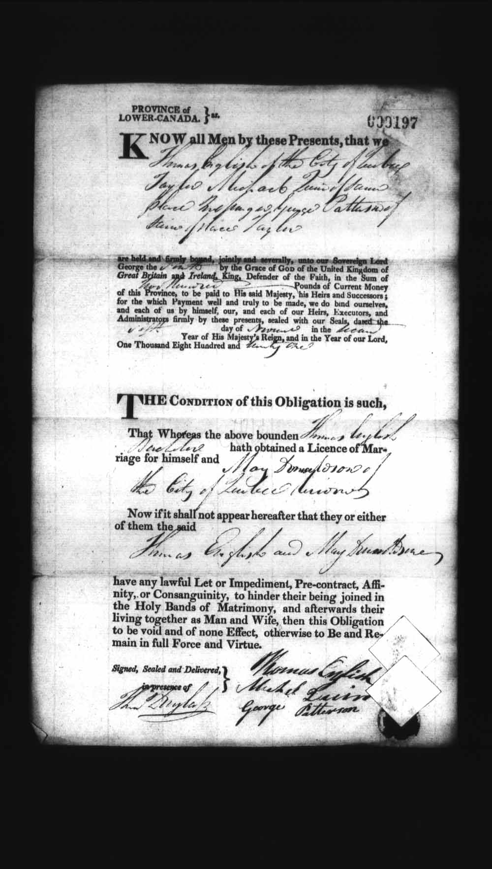 Digitized page of Upper and Lower Canada Marriage Bonds (1779-1865) for Image No.: e008236051