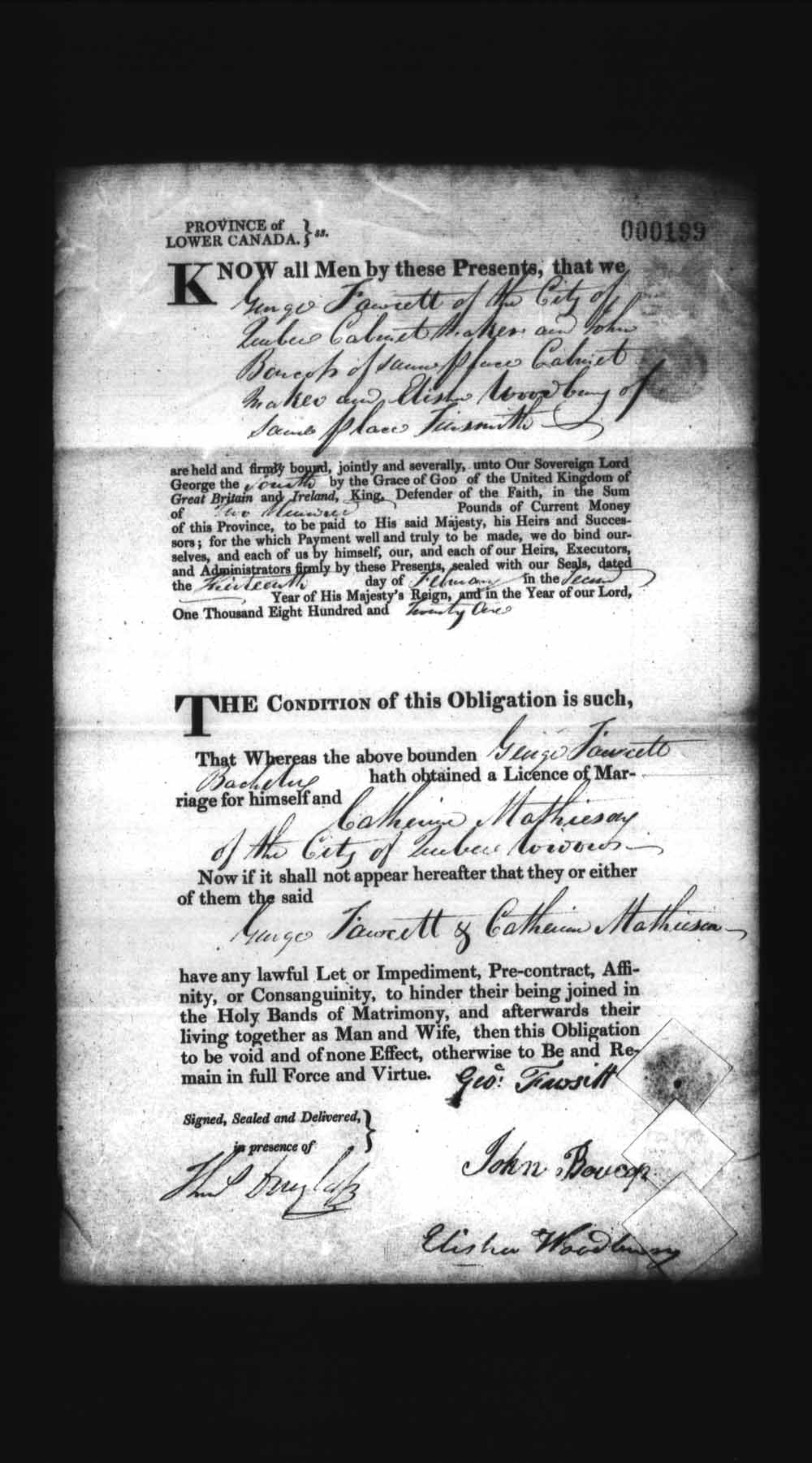 Digitized page of Upper and Lower Canada Marriage Bonds (1779-1865) for Image No.: e008236054