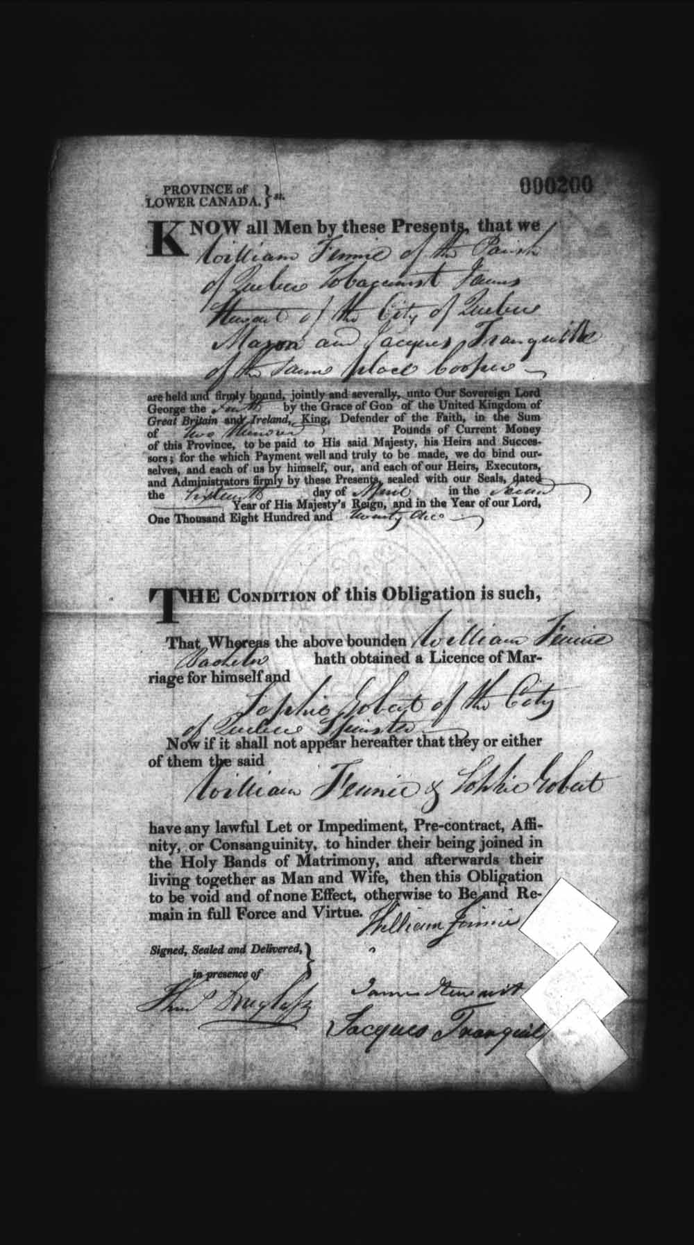 Digitized page of Upper and Lower Canada Marriage Bonds (1779-1865) for Image No.: e008236055