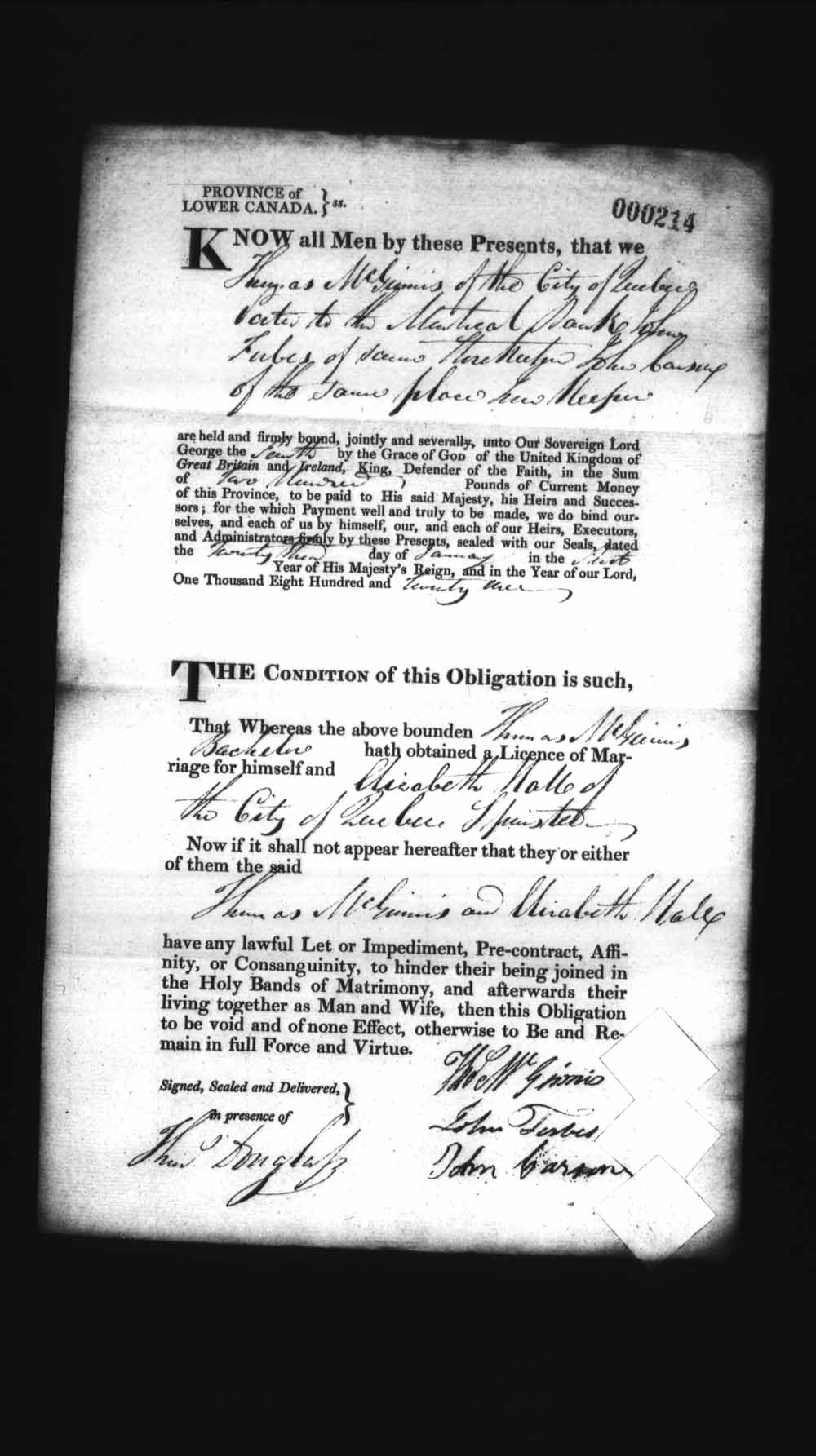 Digitized page of Upper and Lower Canada Marriage Bonds (1779-1865) for Image No.: e008236071