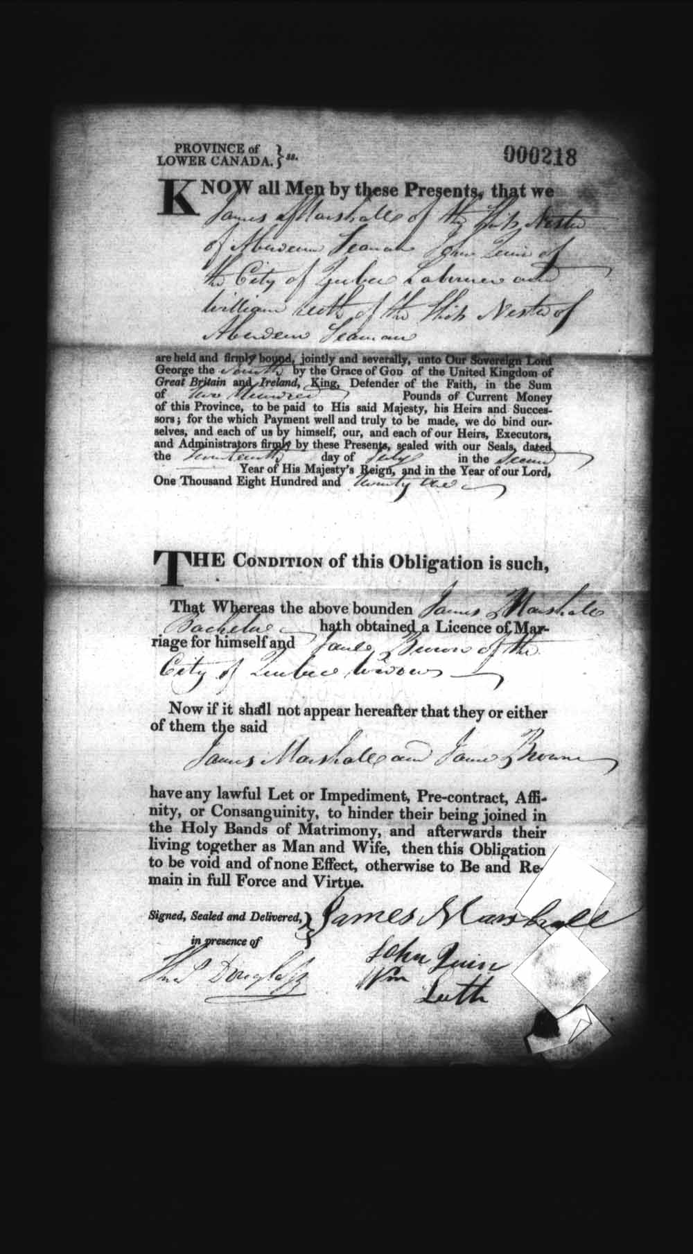 Digitized page of Upper and Lower Canada Marriage Bonds (1779-1865) for Image No.: e008236075