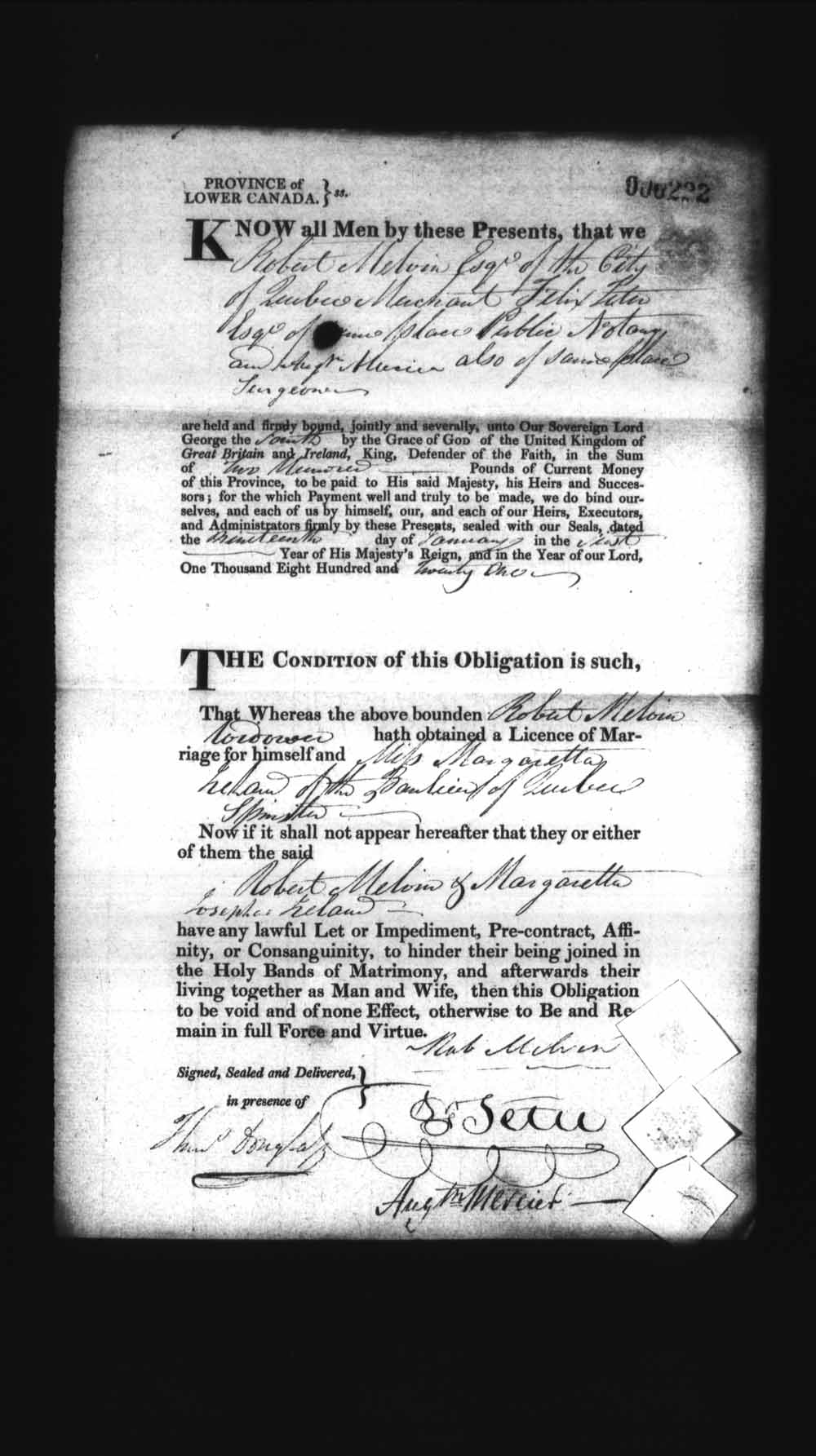 Digitized page of Upper and Lower Canada Marriage Bonds (1779-1865) for Image No.: e008236079