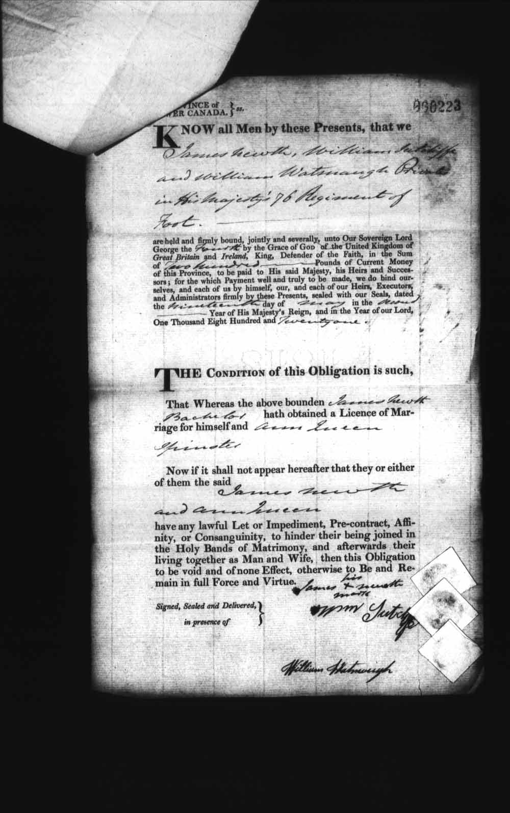 Digitized page of Upper and Lower Canada Marriage Bonds (1779-1865) for Image No.: e008236081