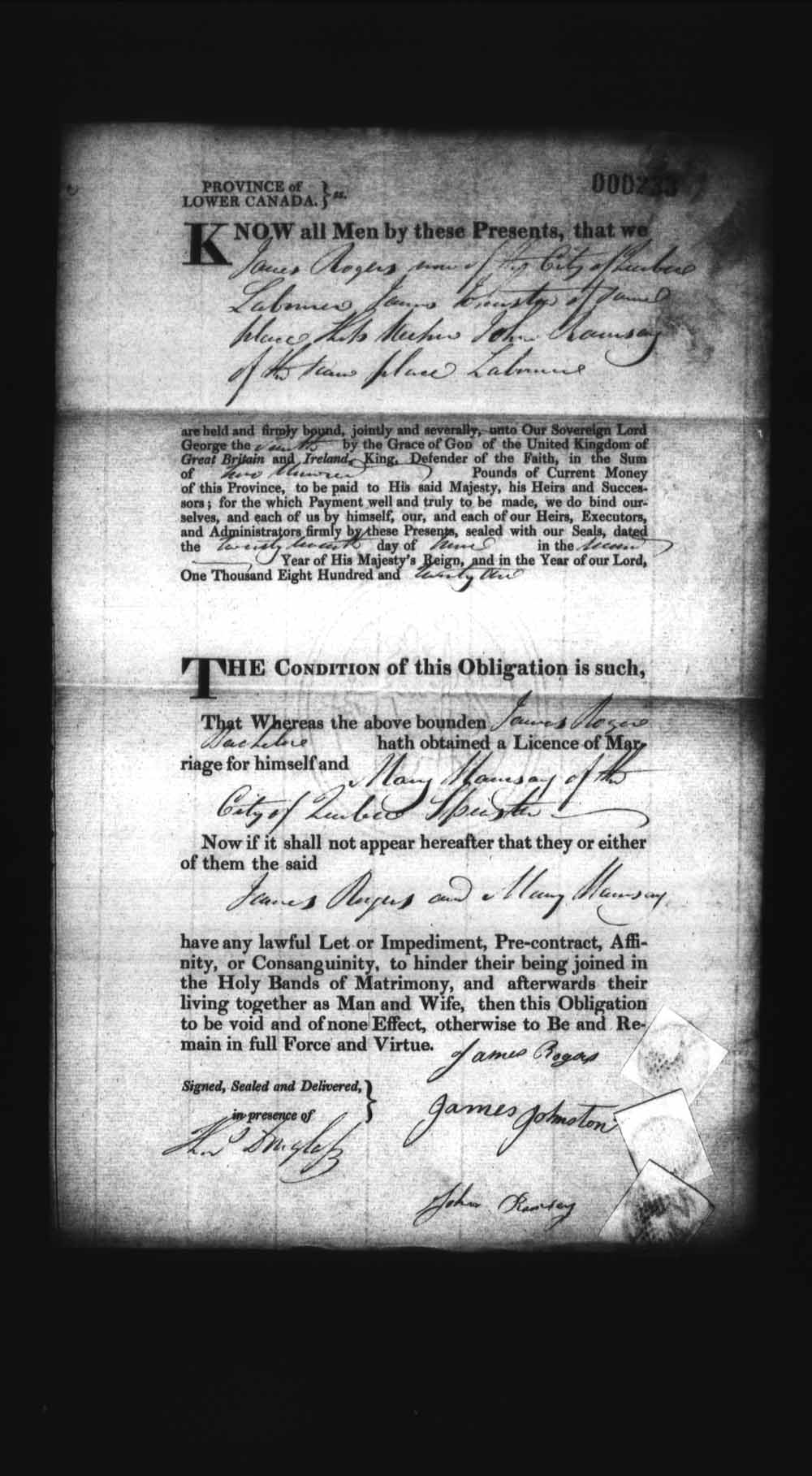 Digitized page of Upper and Lower Canada Marriage Bonds (1779-1865) for Image No.: e008236091